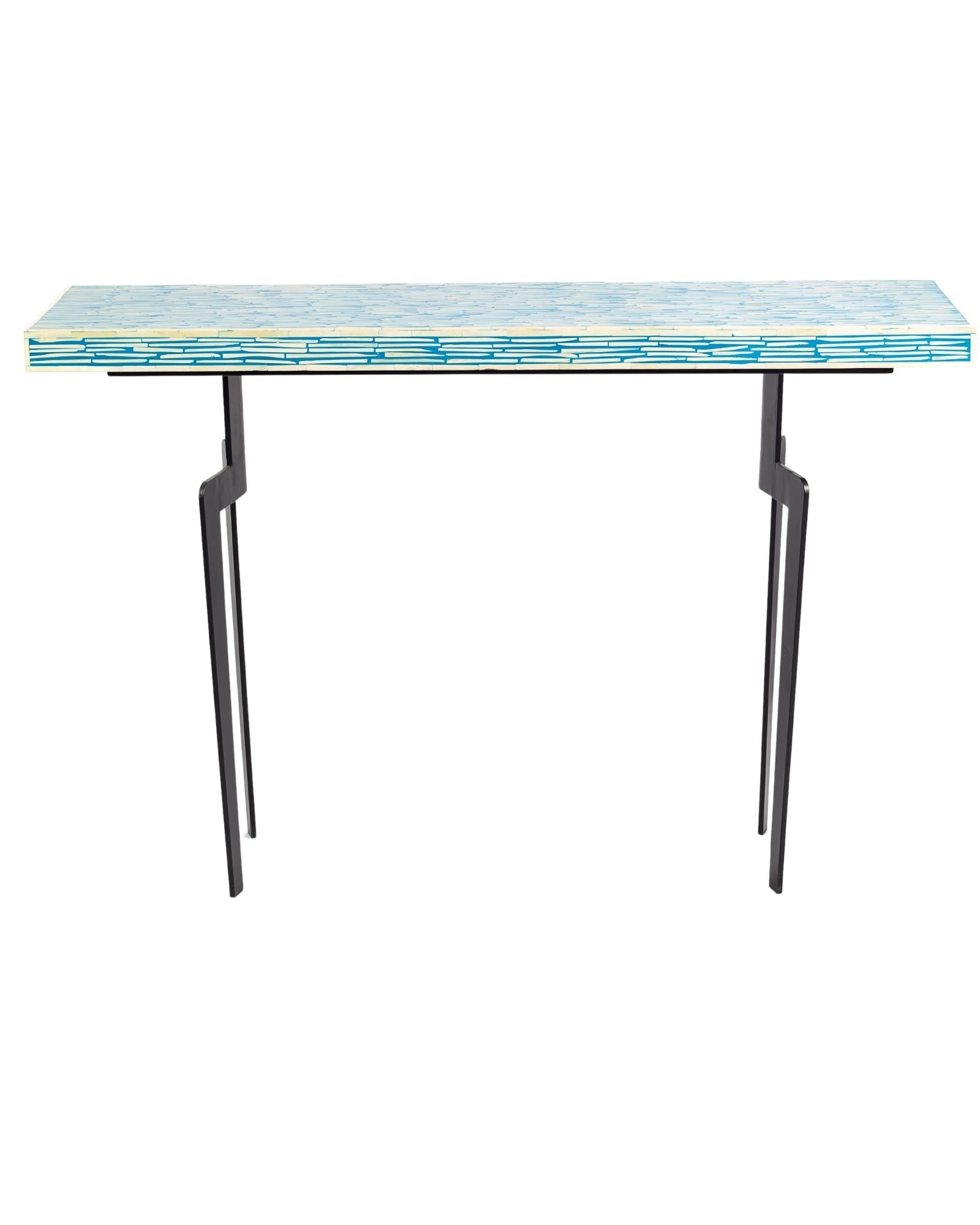 Modern console table with a blue and white patterned top on a white background.