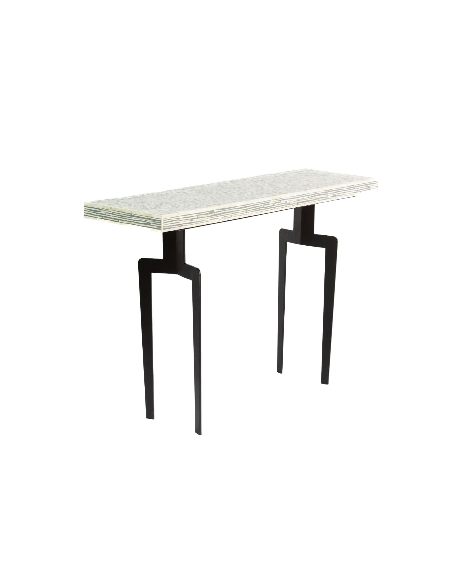 Table with bone inlay top and black legs on a white background