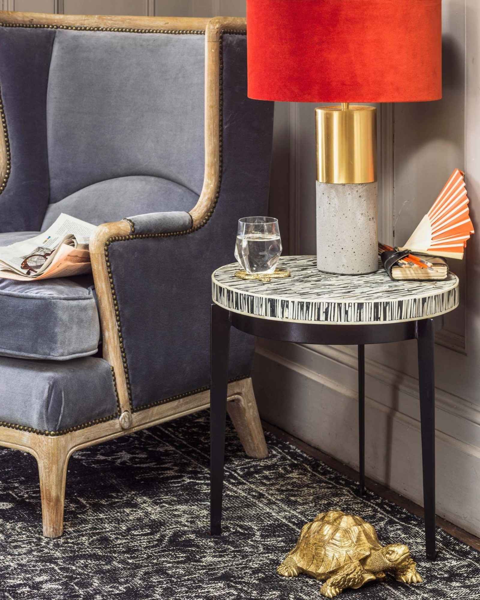 Meena Side Table - Black & White Bone Inlay - Tabeer Homes