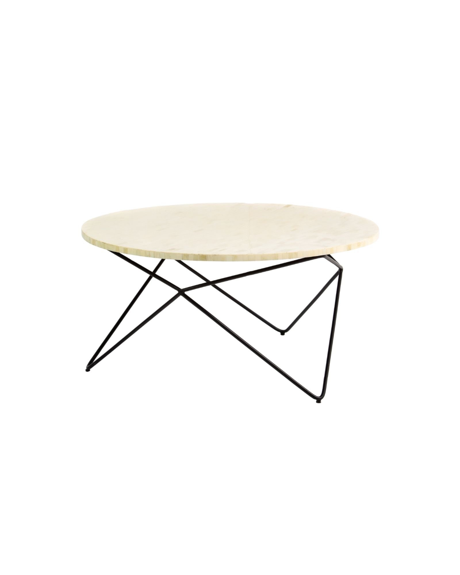 Ivory bone carved coffee table with linear textured surface and angular black metal base by Tabeer Homes.