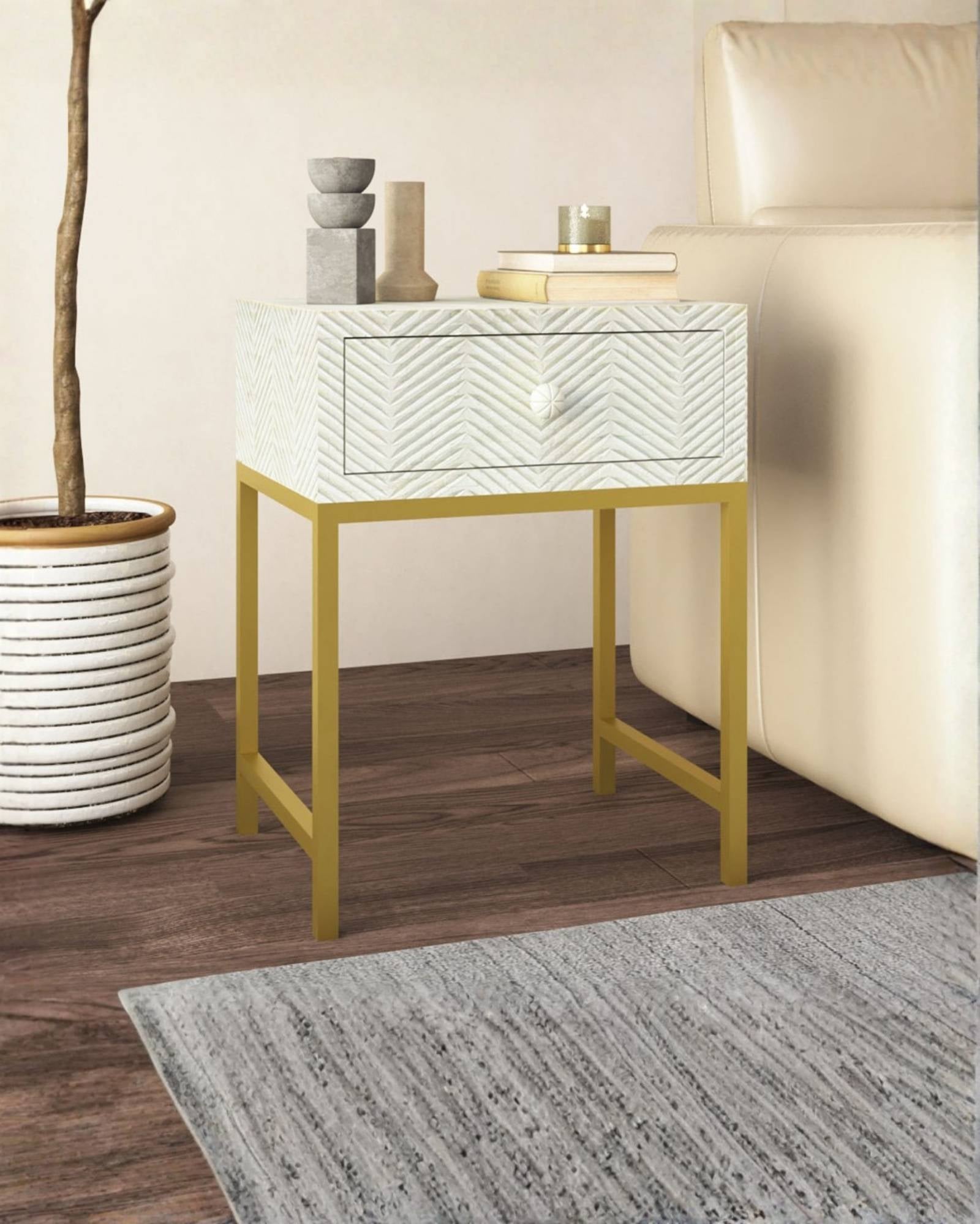 White Bone Inlay Side Table 