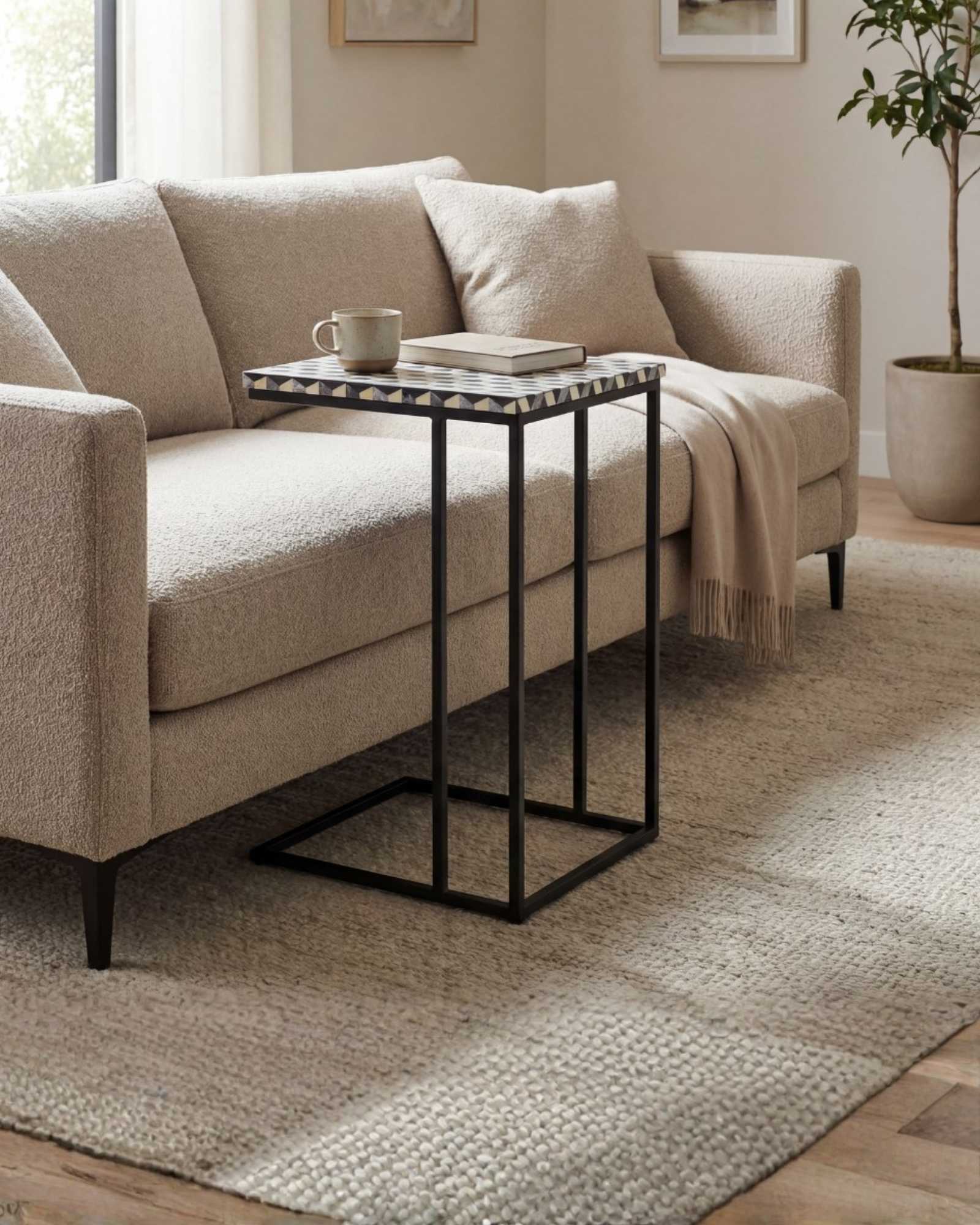 Nirvana C-Shape Side Table - Black & White Bone Inlay - Tabeer Homes.