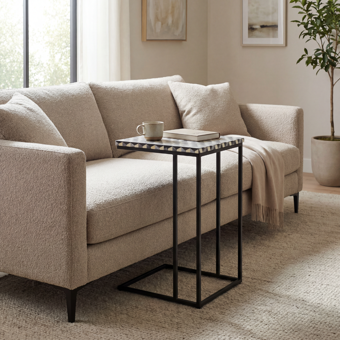 Nirvana C-Shape Side Table - Black & White Bone Inlay - Tabeer Homes