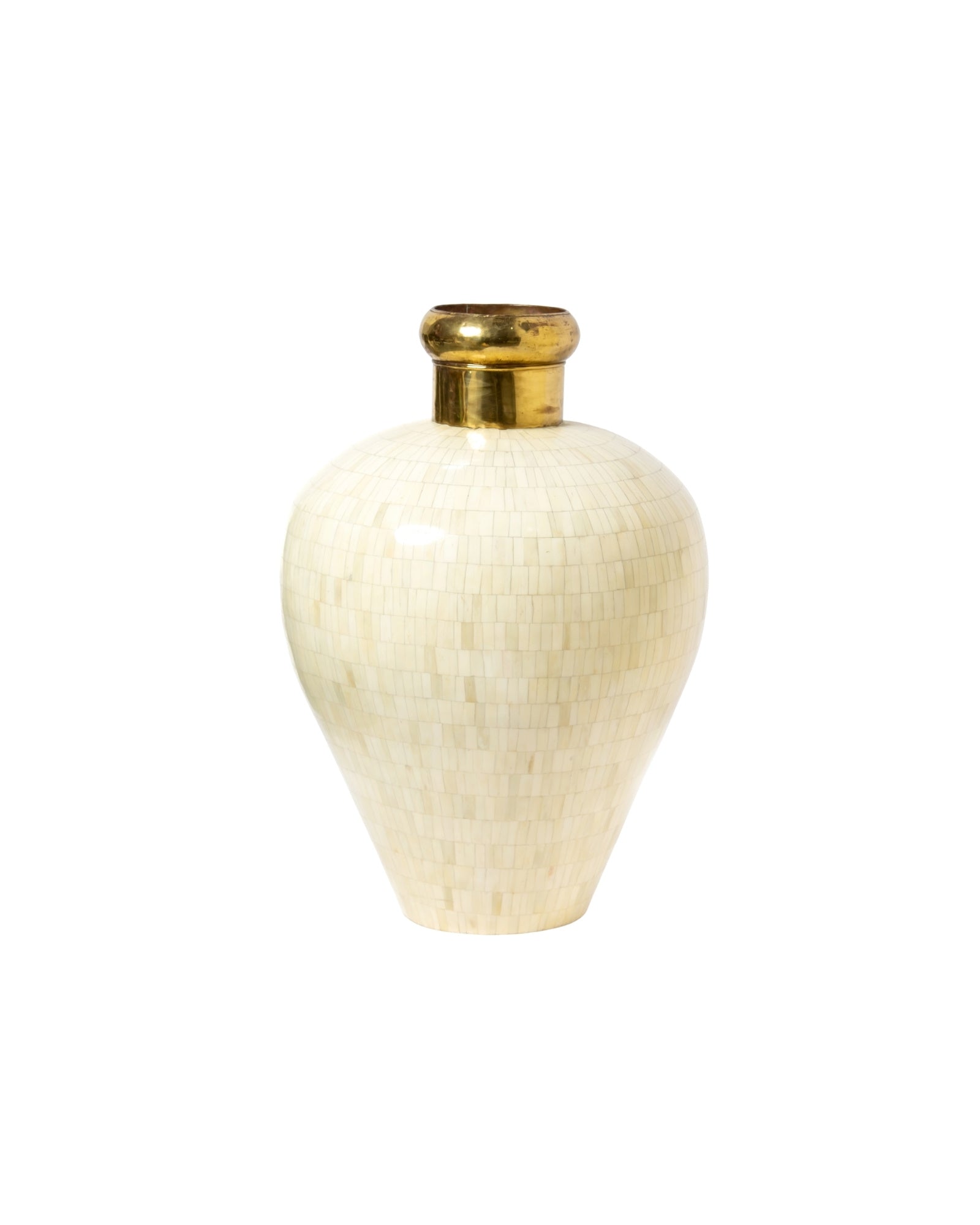 White bone inlay vase with brass neck detail, handcrafted decorative vase with ivory tones.
