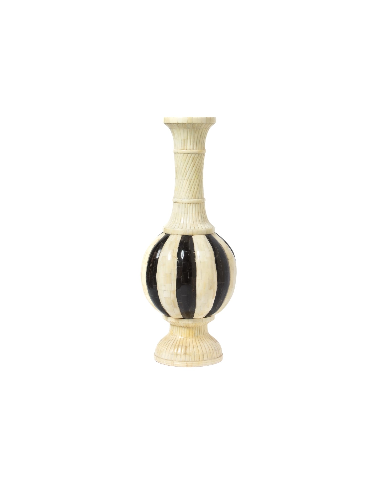 Extra tall black bone inlay vase with striped pattern, handcrafted statement decor piece with sculptural form.
