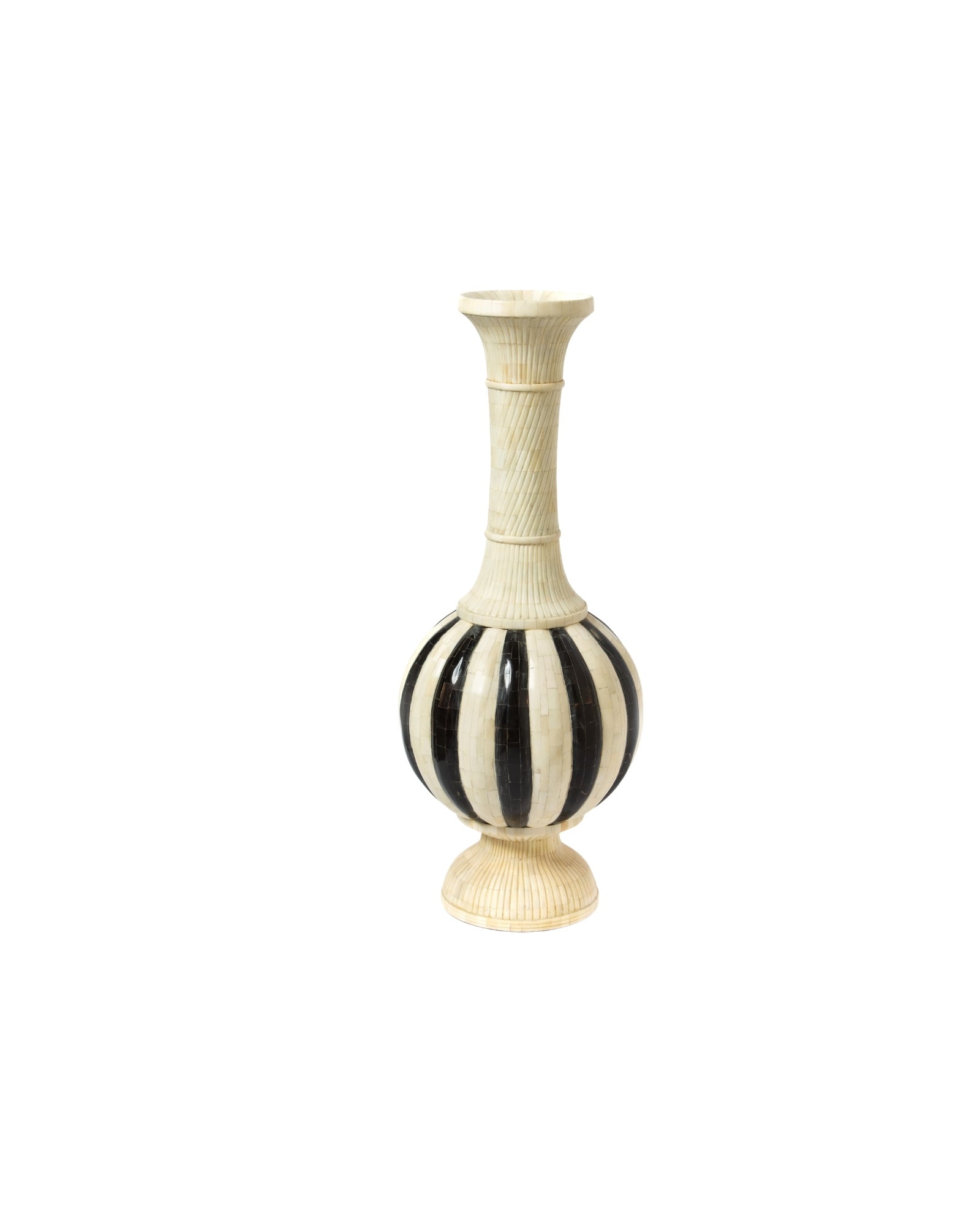 Black bone inlay vase with striped pattern, handcrafted decorative vase with tall sculptural form