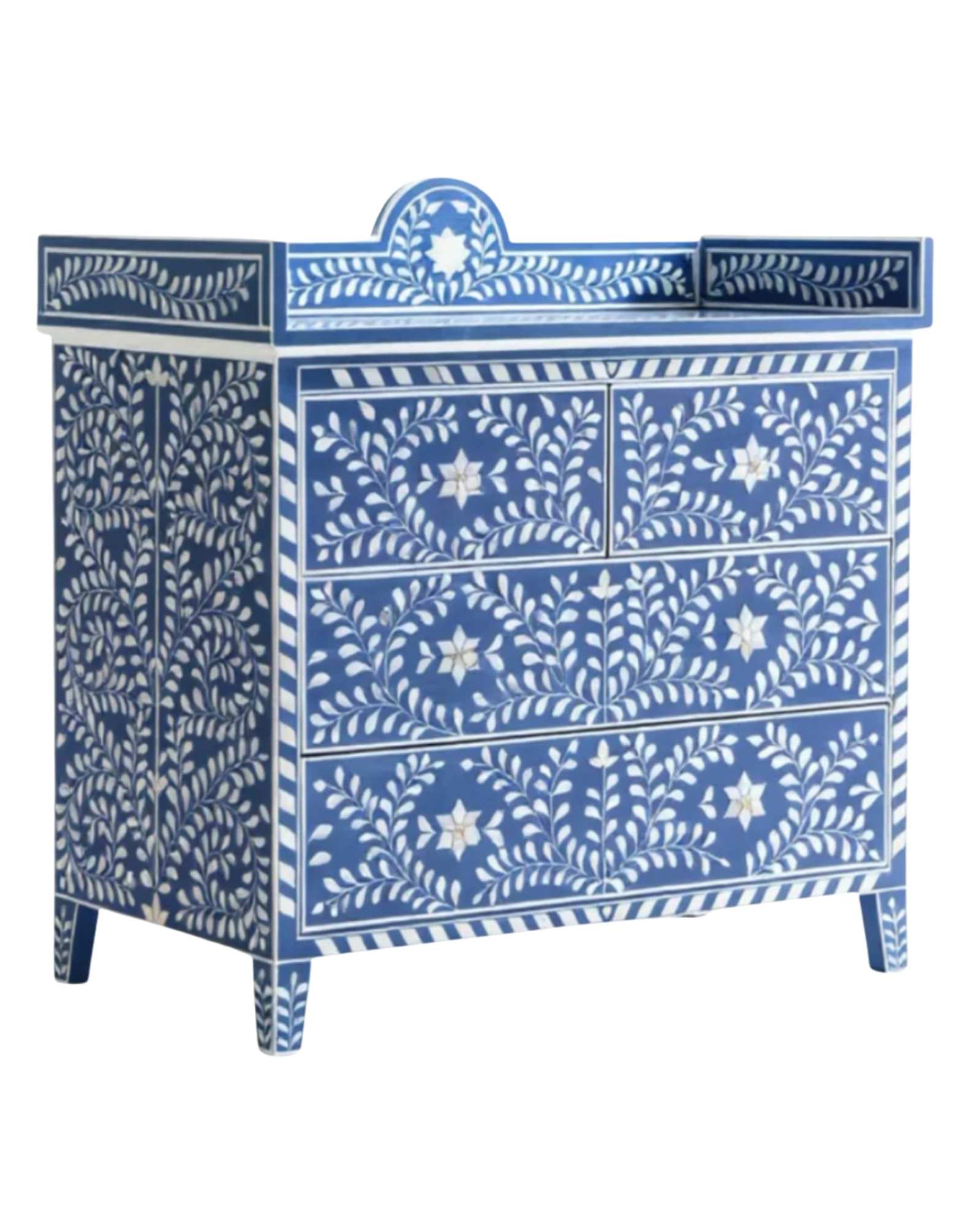 Orbit Chest of Drawers, blue bone inlay design, handcrafted floral pattern by Tabeer Homes.