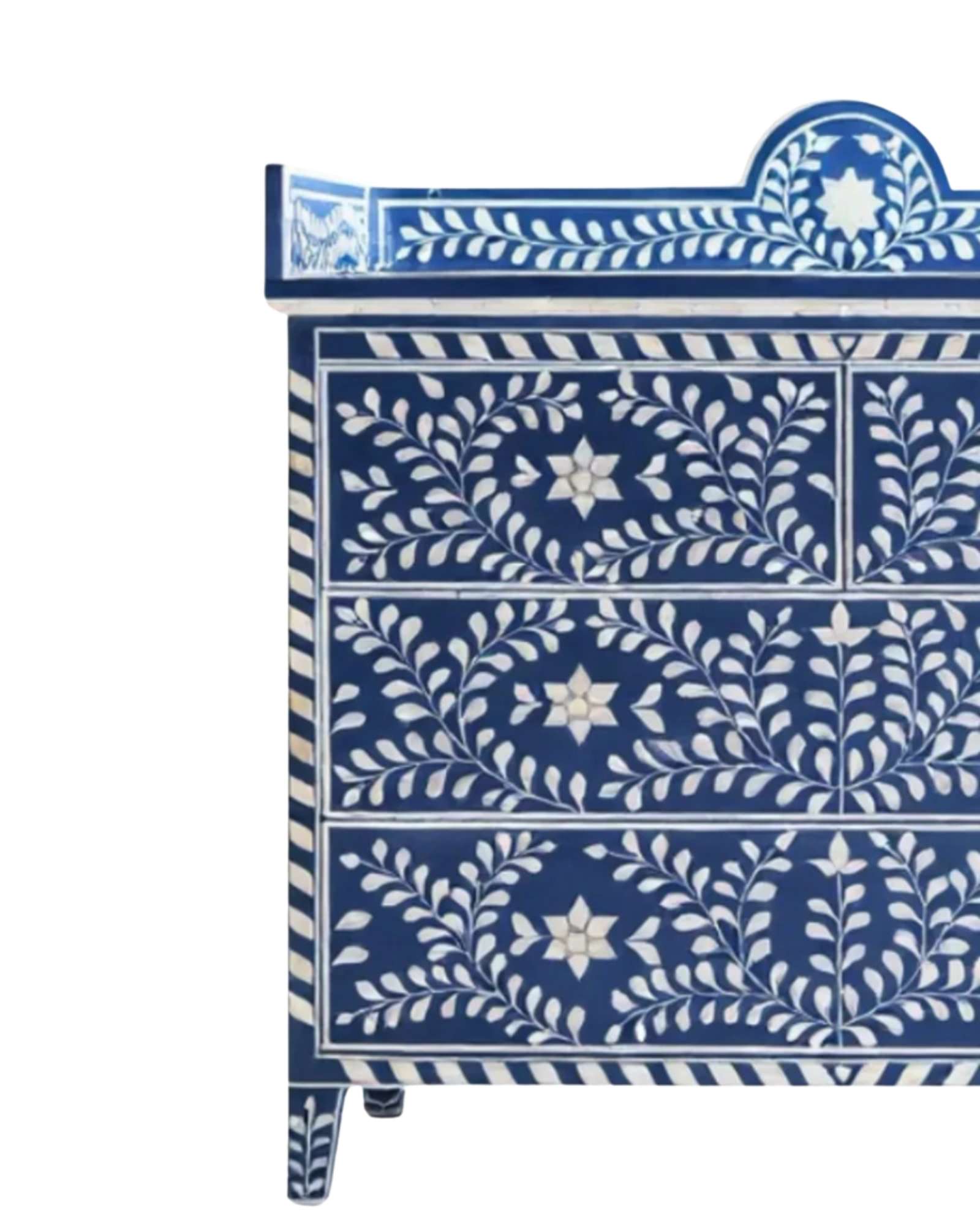 Orbit Chest of Drawers, blue bone inlay design, handcrafted floral pattern by Tabeer Homes.