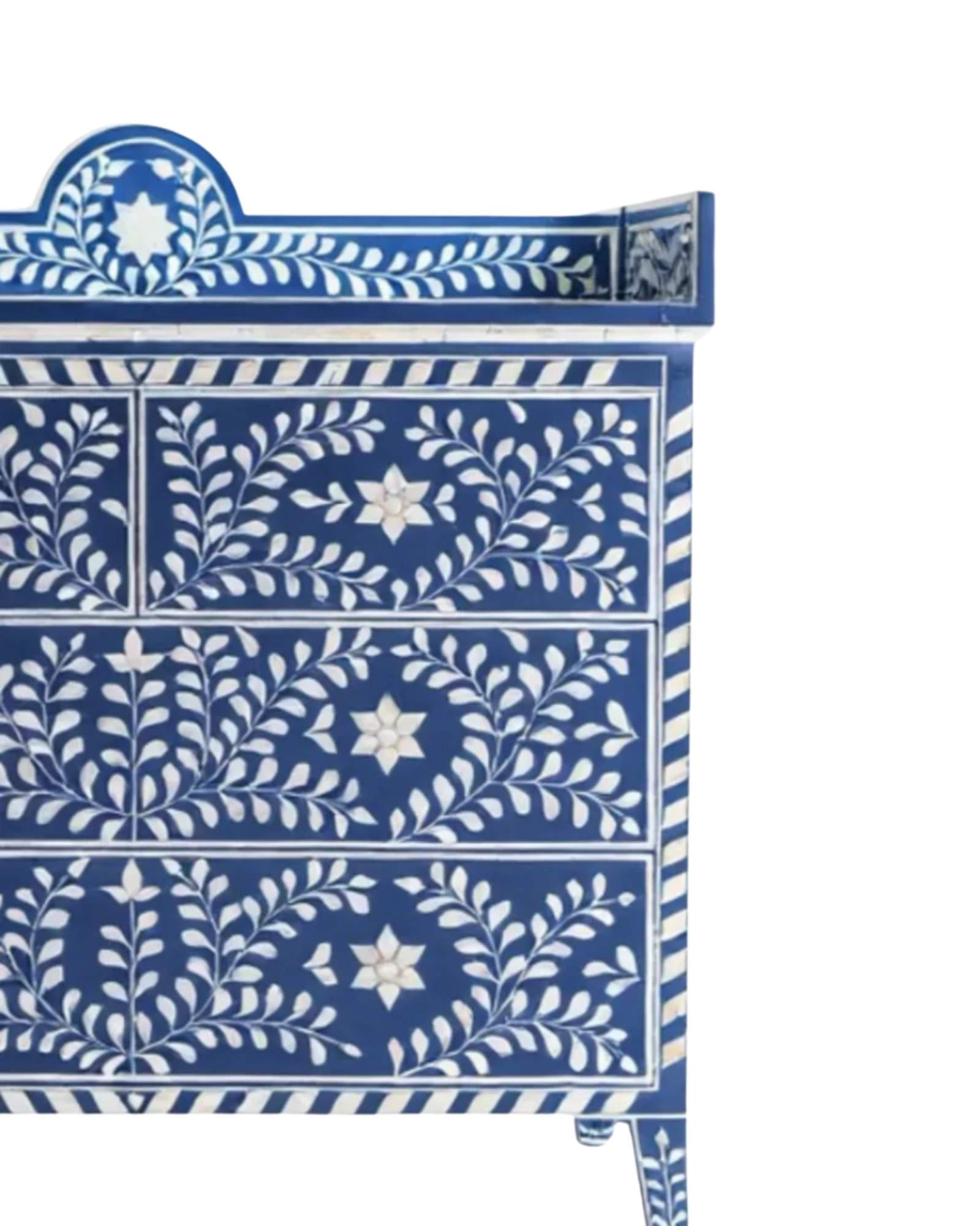 Orbit Chest of Drawers, blue bone inlay design, handcrafted floral pattern by Tabeer Homes.