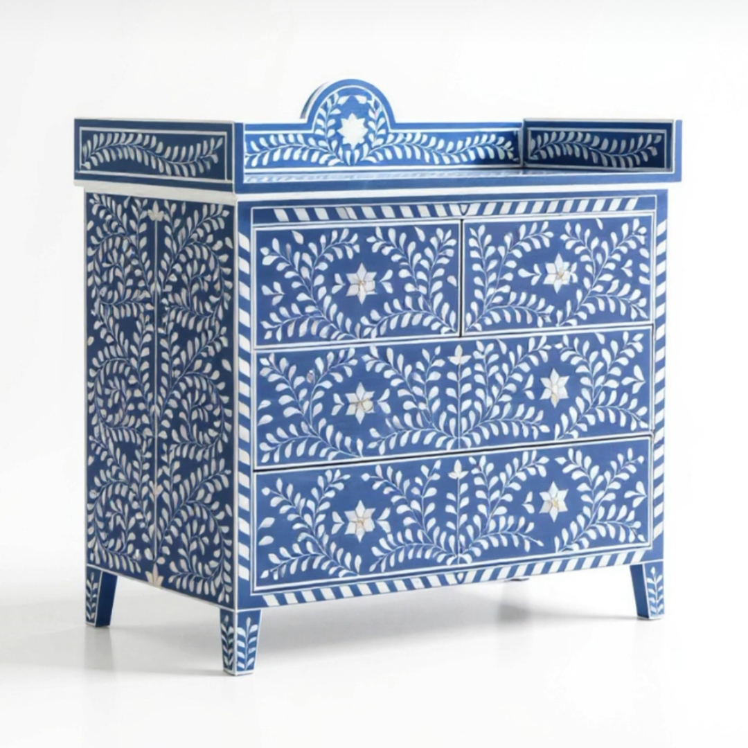 Orbit Chest of Drawers, blue bone inlay design, handcrafted floral pattern by Tabeer Homes