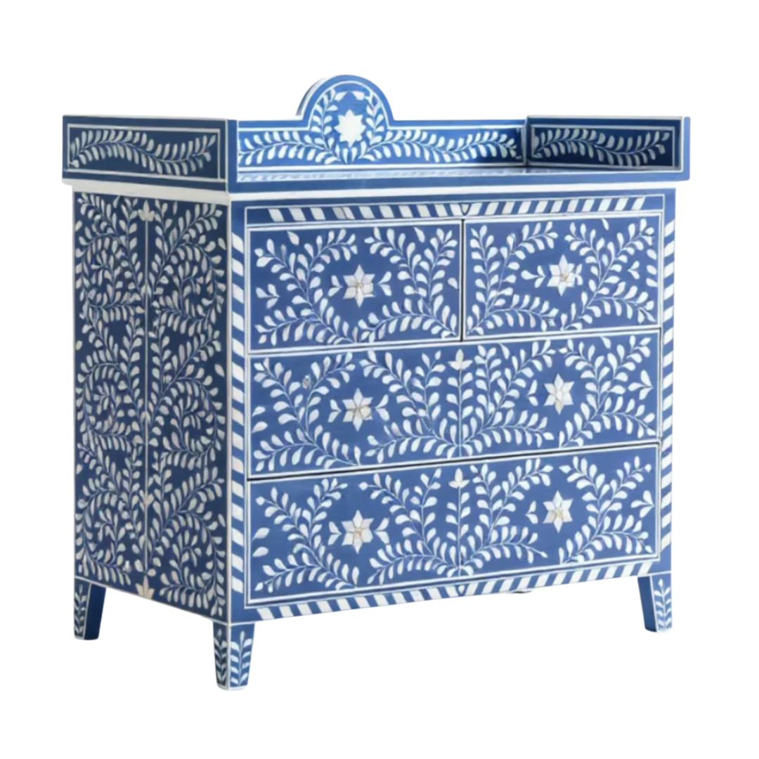 Orbit Chest of Drawers, blue bone inlay design, handcrafted floral pattern by Tabeer Homes