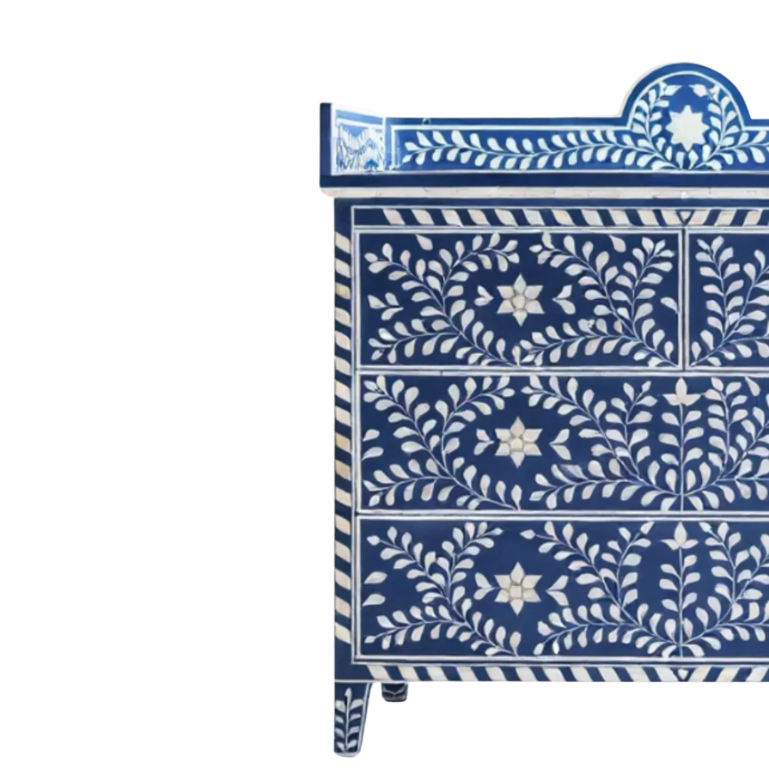 Orbit Chest of Drawers, blue bone inlay design, handcrafted floral pattern by Tabeer Homes