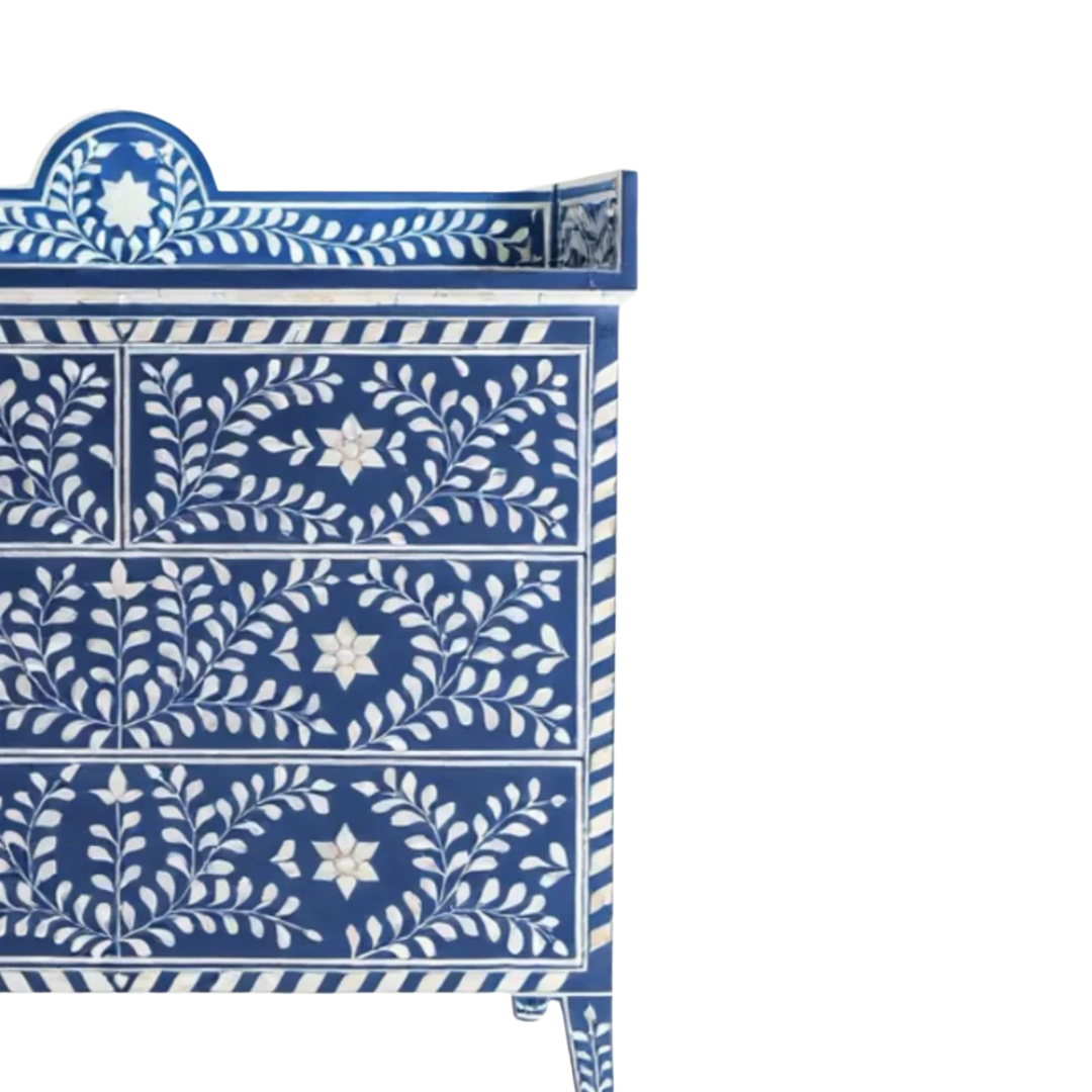 Orbit Chest of Drawers, blue bone inlay design, handcrafted floral pattern by Tabeer Homes
