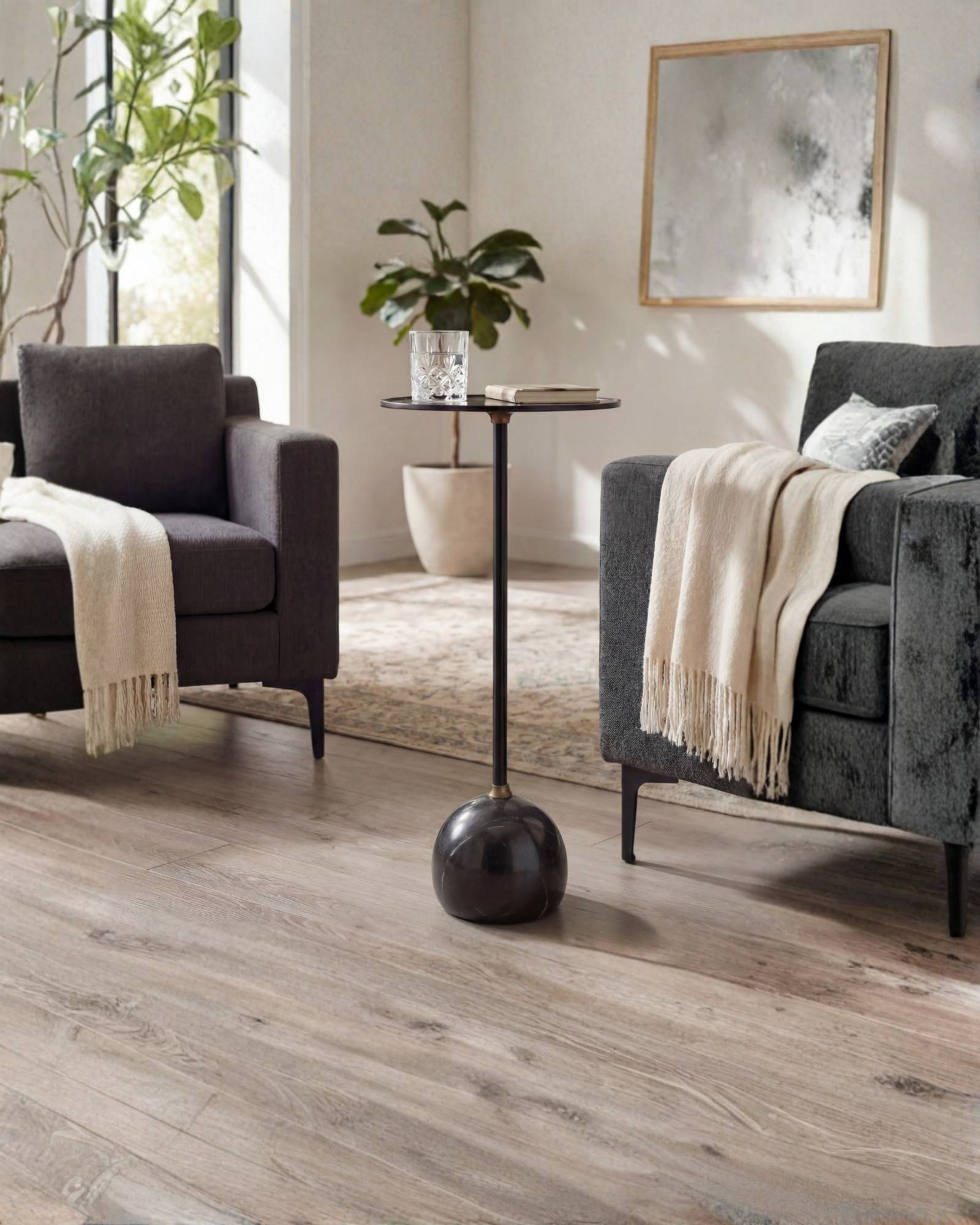 Praia Side Table – Black Metal & Marble Base by Tabeer Homes, contemporary sculptural accent table.