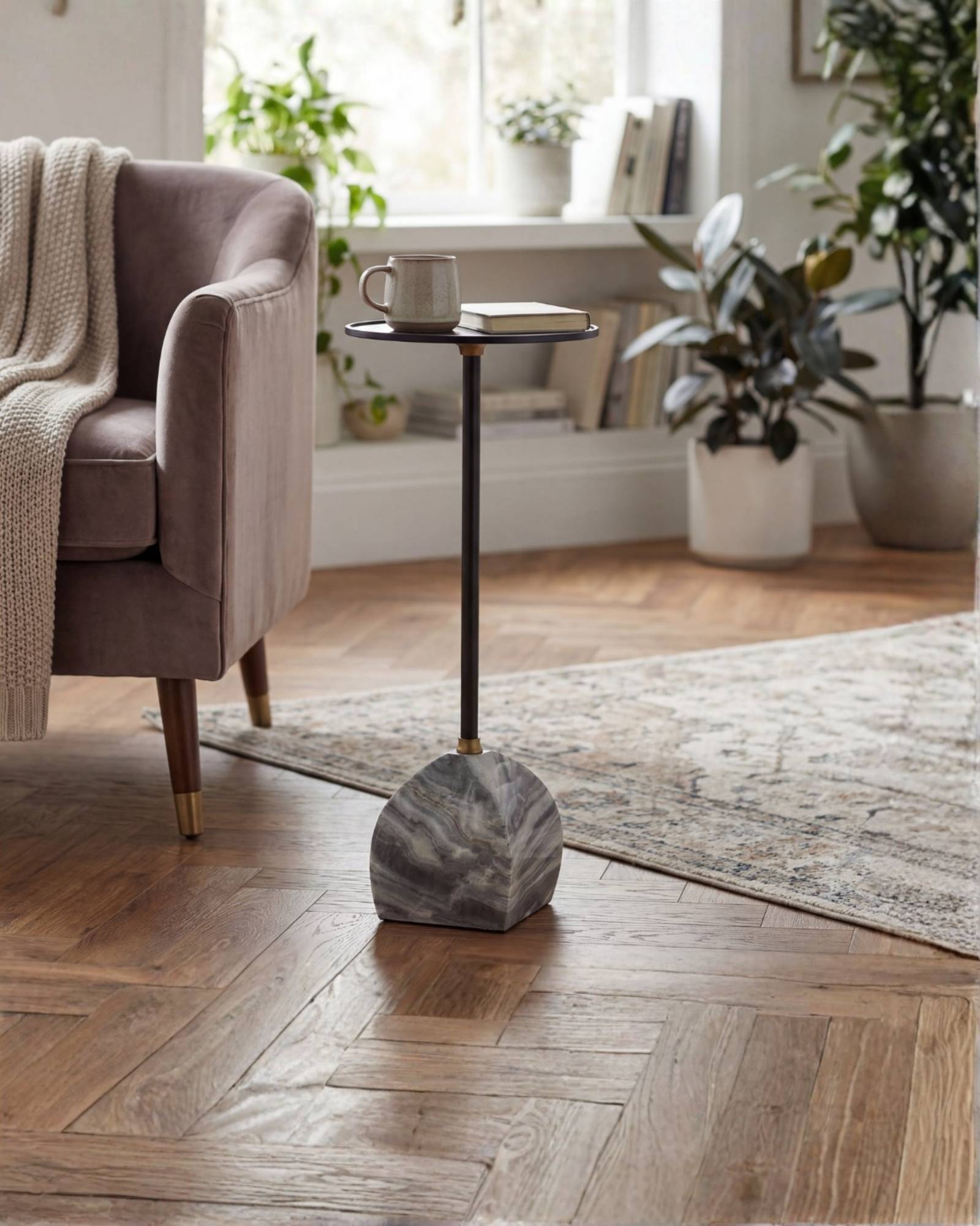 Praia Side Table – Black Metal & Grey Marble Base by Tabeer Homes, handcrafted modern side table.