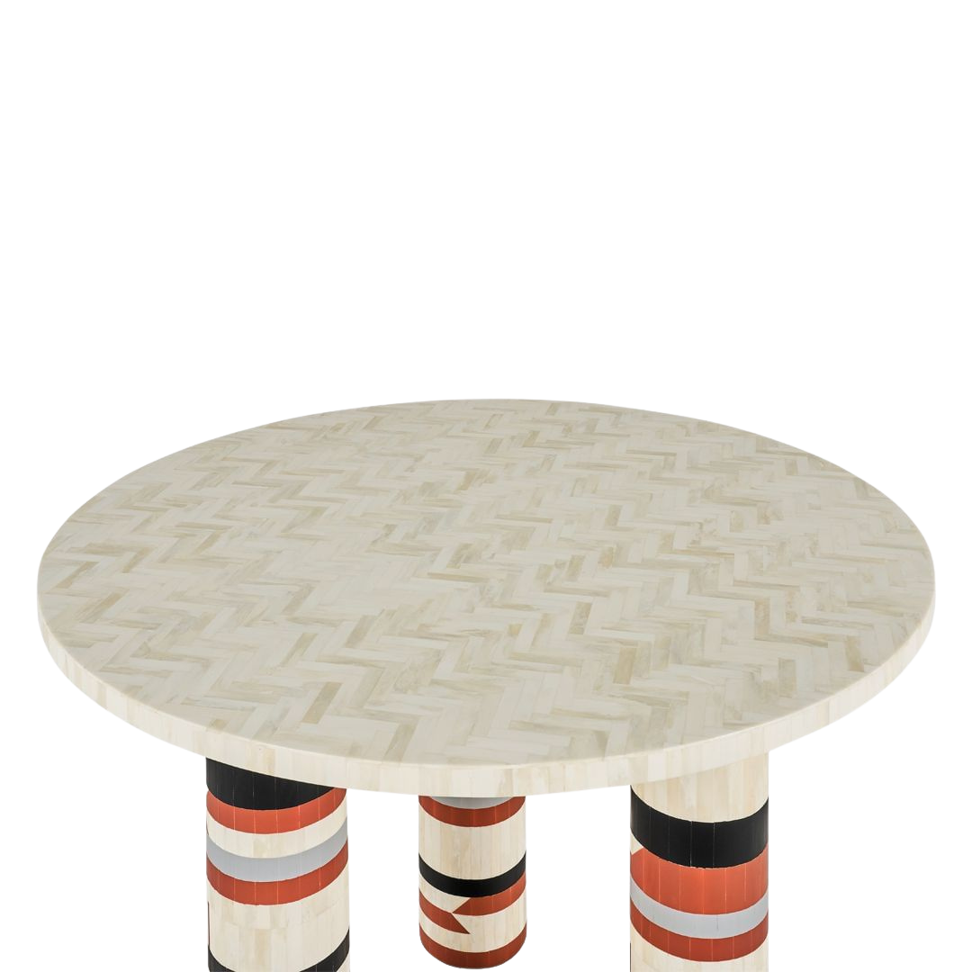 Prism Dining Table, multicolor bone inlay design, handcrafted herringbone top with striped legs by Tabeer Homes