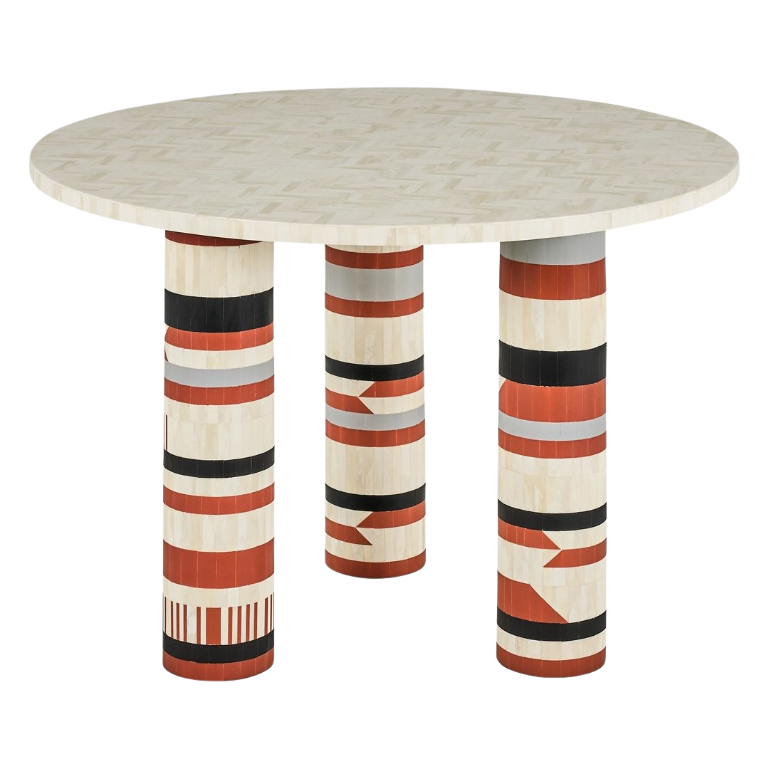 Prism Dining Table, multicolor bone inlay design, handcrafted herringbone top with striped legs by Tabeer Homes