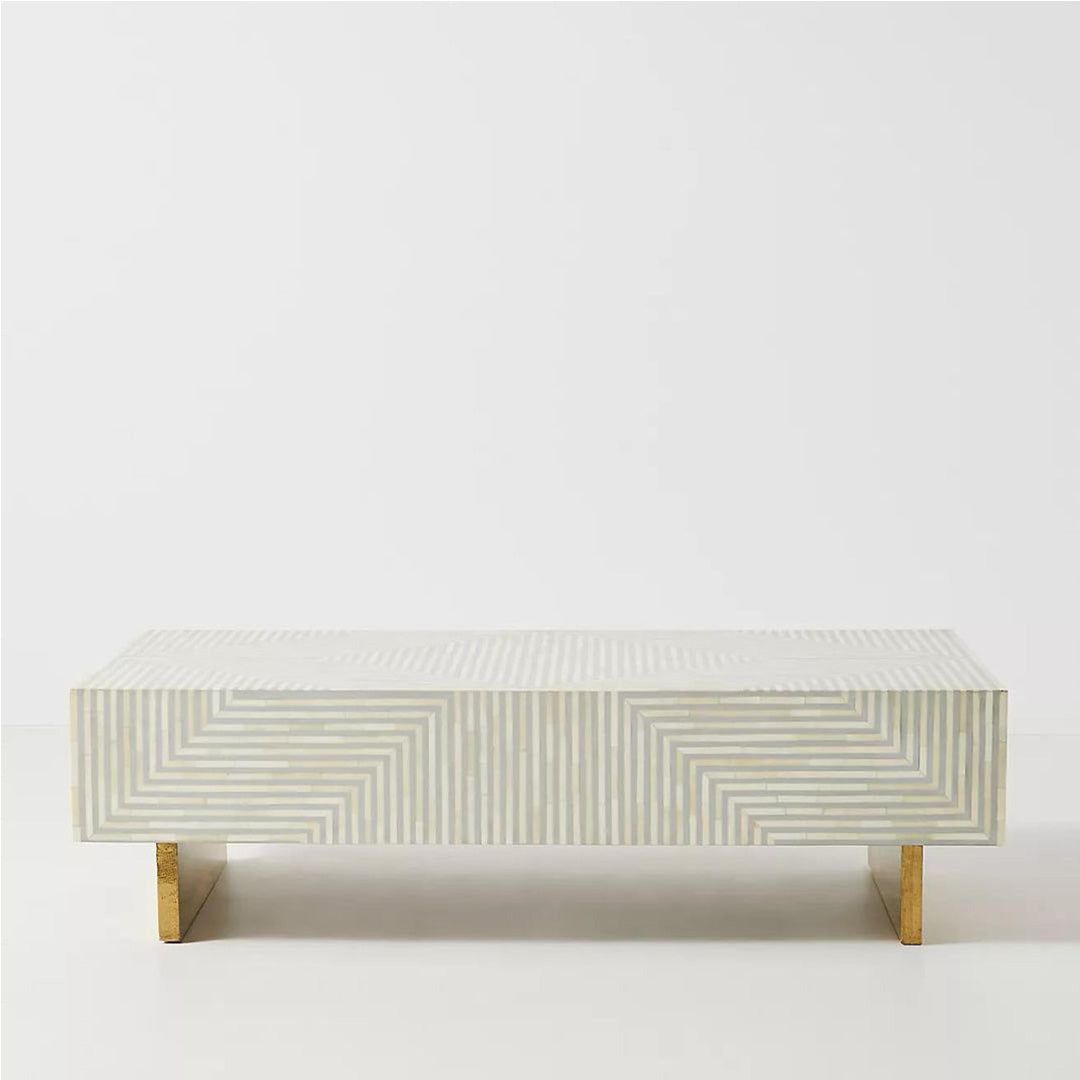 Rectangular grey striped bone inlay coffee table with a sleek design. A stylish and functional addition to modern interiors.