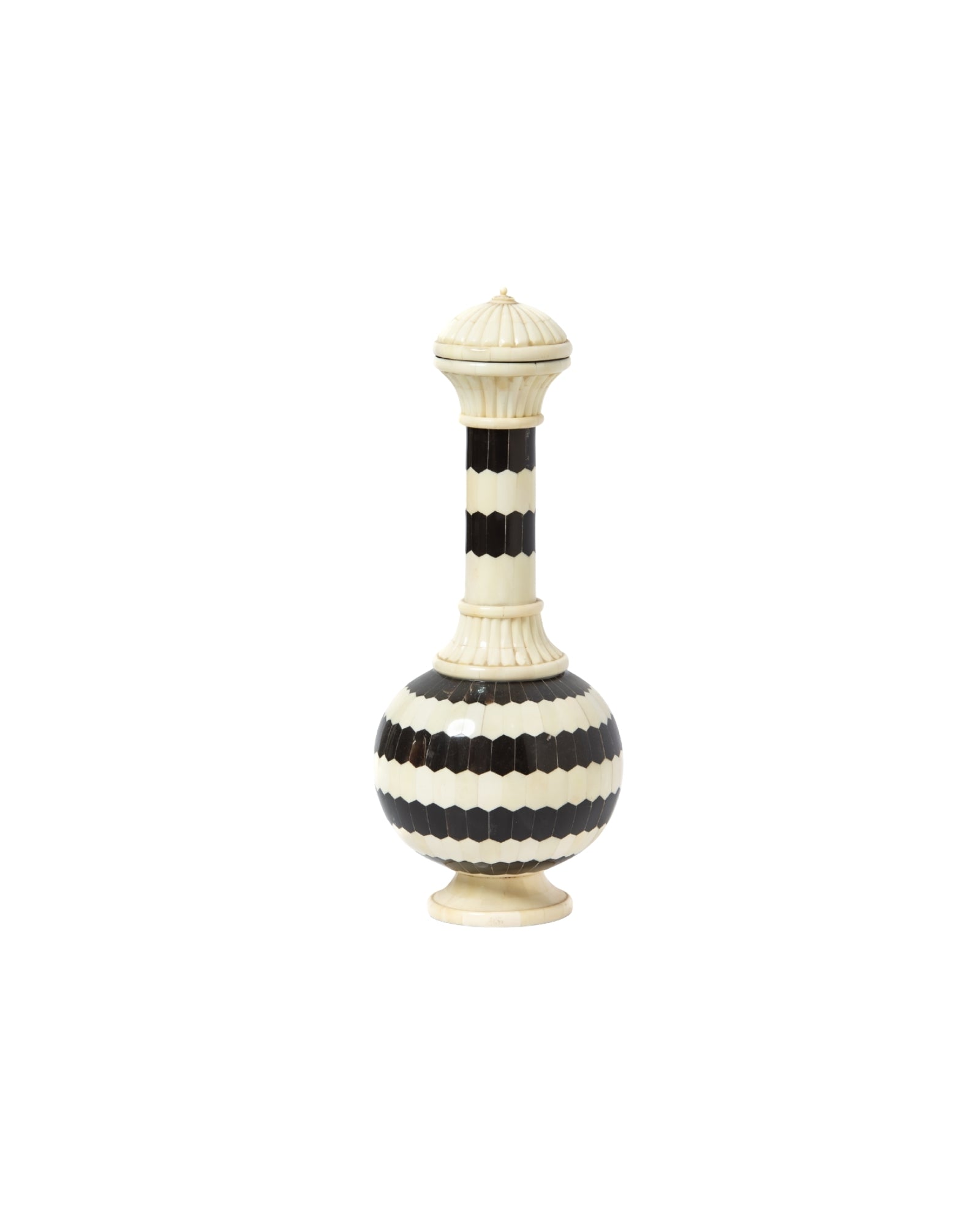 Black bone inlay vase with striped pattern, handcrafted decorative vase in ivory and black finish.
