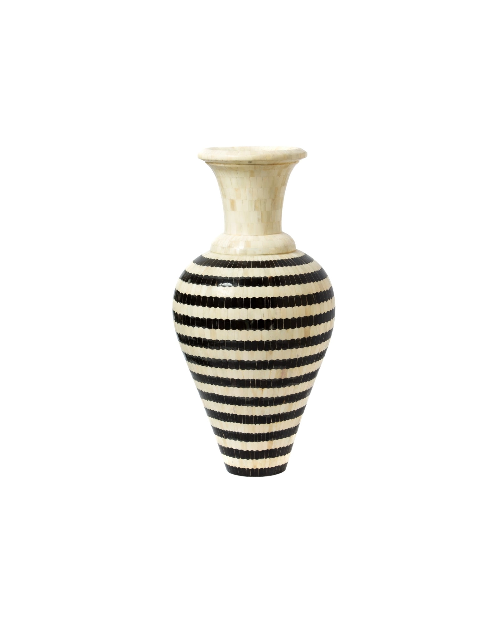Black bone inlay vase with striped pattern, handcrafted decorative floor vase in natural ivory and black finish.