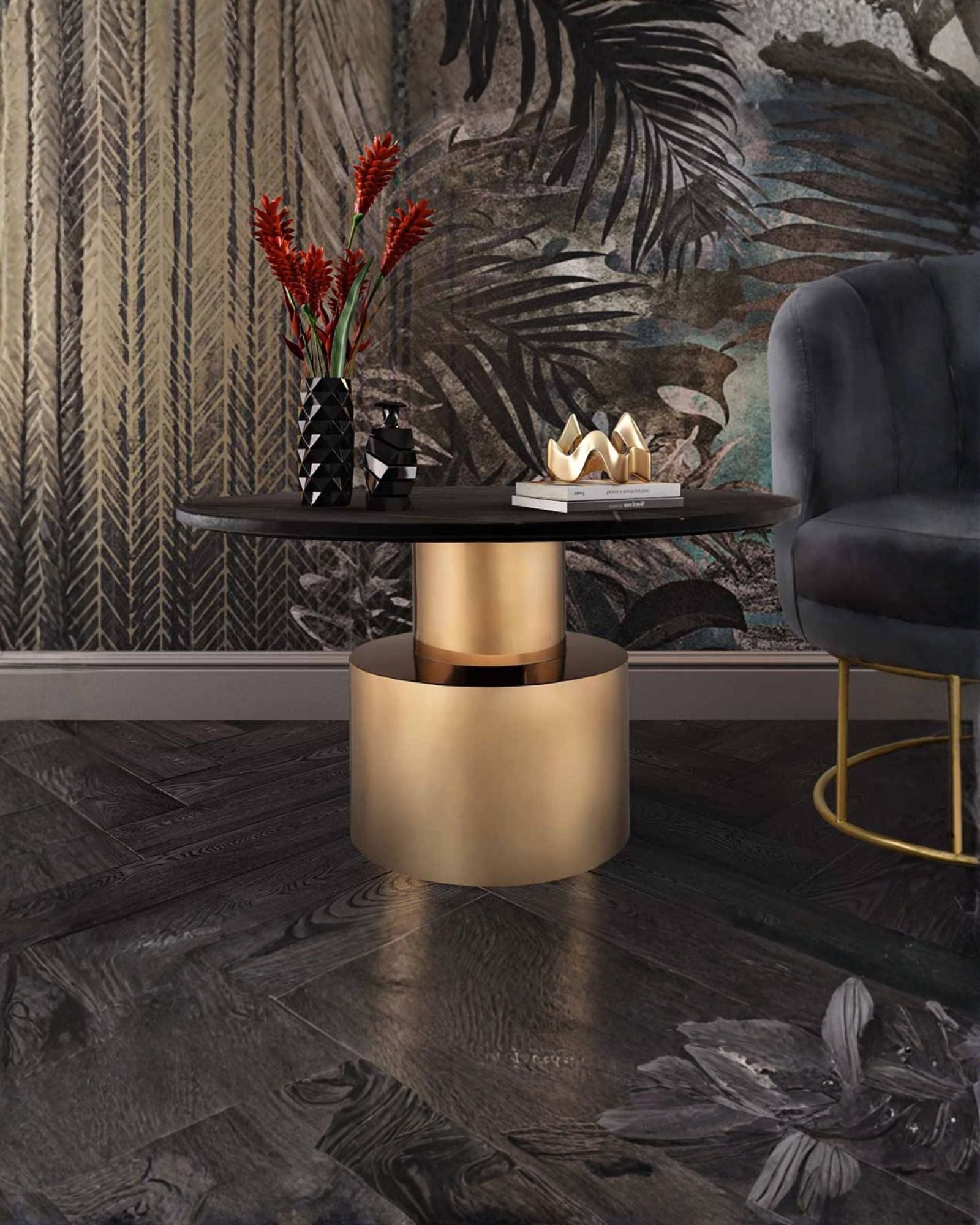 Manzil Coffee Table in grey bone inlay with golden base, handcrafted with bold striped design, size 100x100x45 cm.
