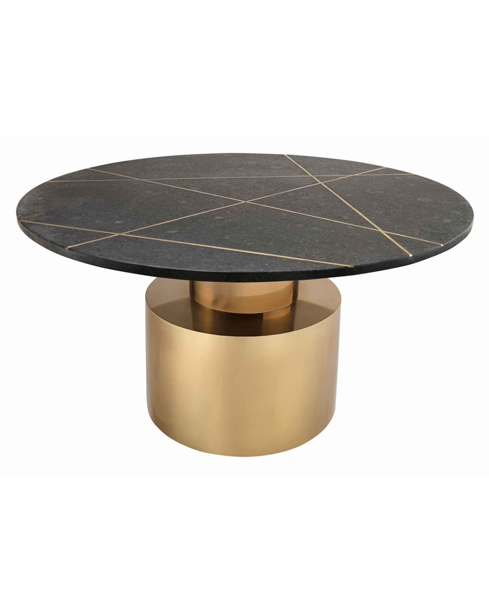 Manzil Coffee Table in grey bone inlay with golden base, handcrafted with bold striped design, size 100x100x45 cm.
