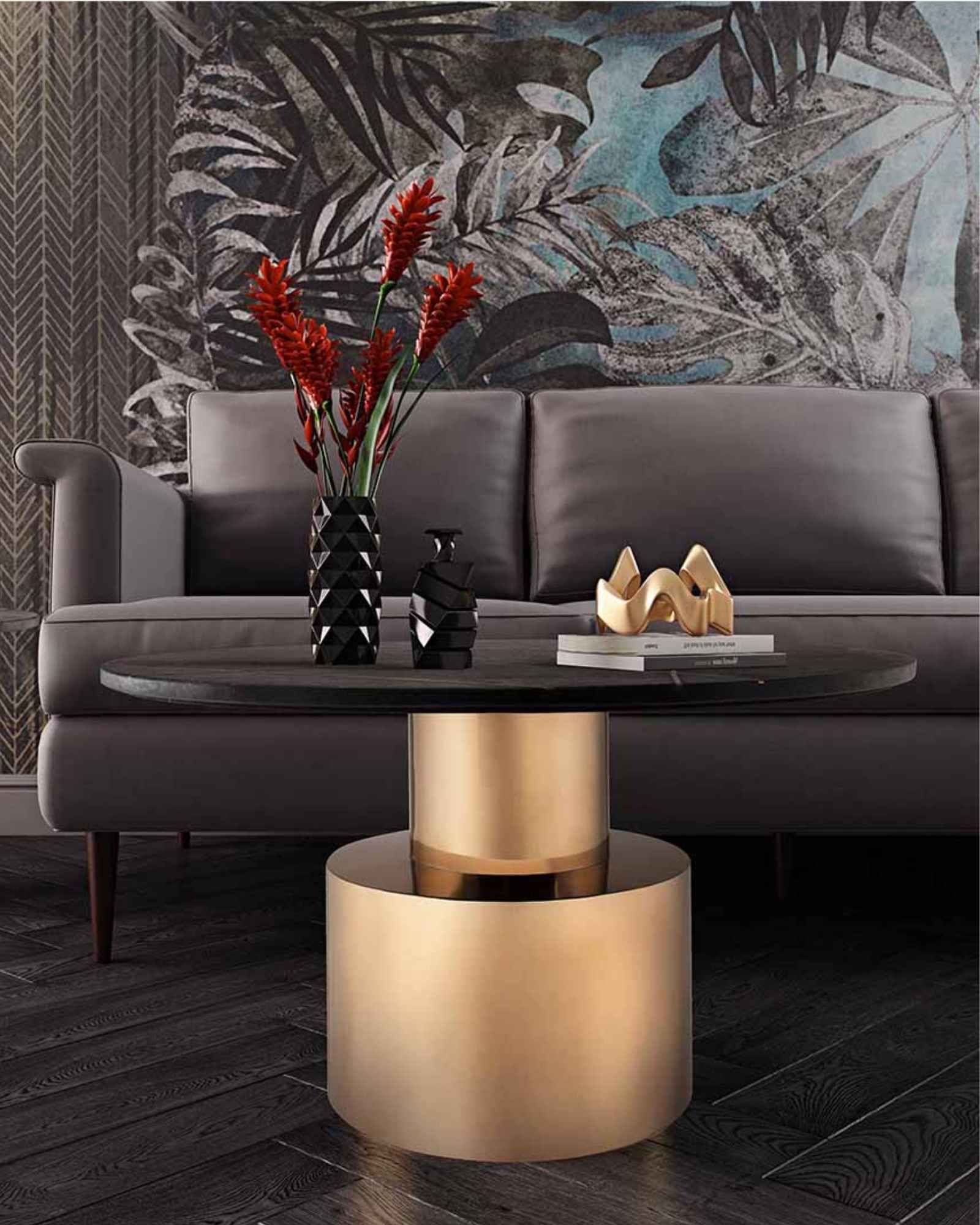 Manzil Coffee Table in grey bone inlay with golden base, handcrafted with bold striped design, size 100x100x45 cm.