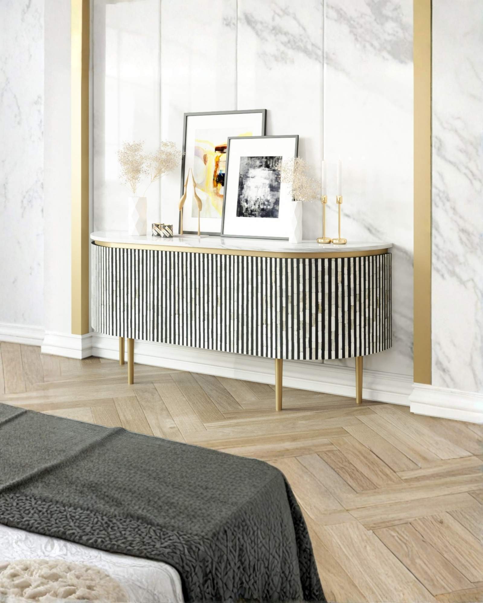 Black bone inlay sideboard with white marble top and brass legs, handcrafted with vertical striping and curved silhouette, luxury interior furniture.
