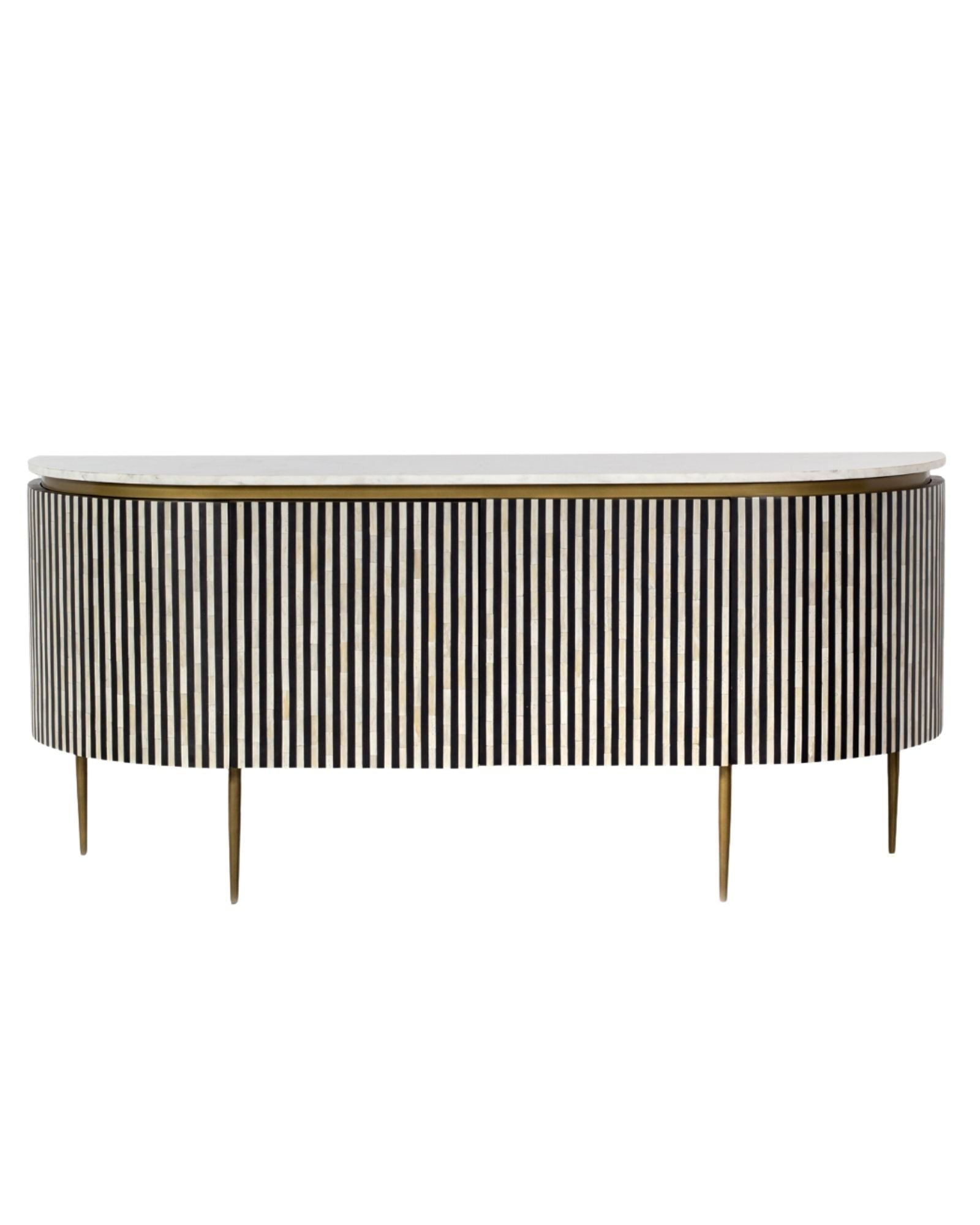 Black bone inlay sideboard with white marble top and brass legs, handcrafted with vertical striping and curved silhouette, luxury interior furniture.
