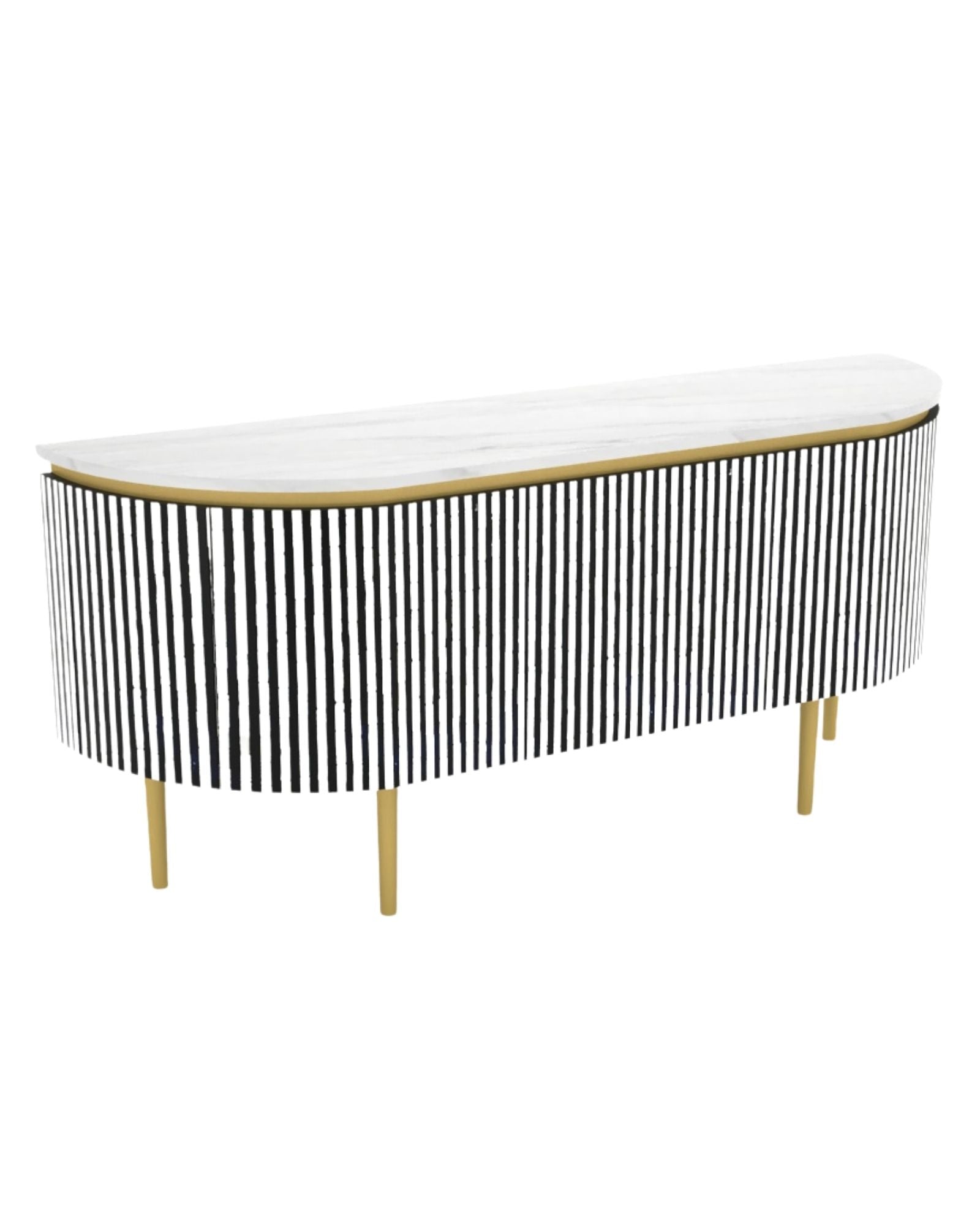 Black bone inlay sideboard with white marble top and brass legs, handcrafted with vertical striping and curved silhouette, luxury interior furniture.
