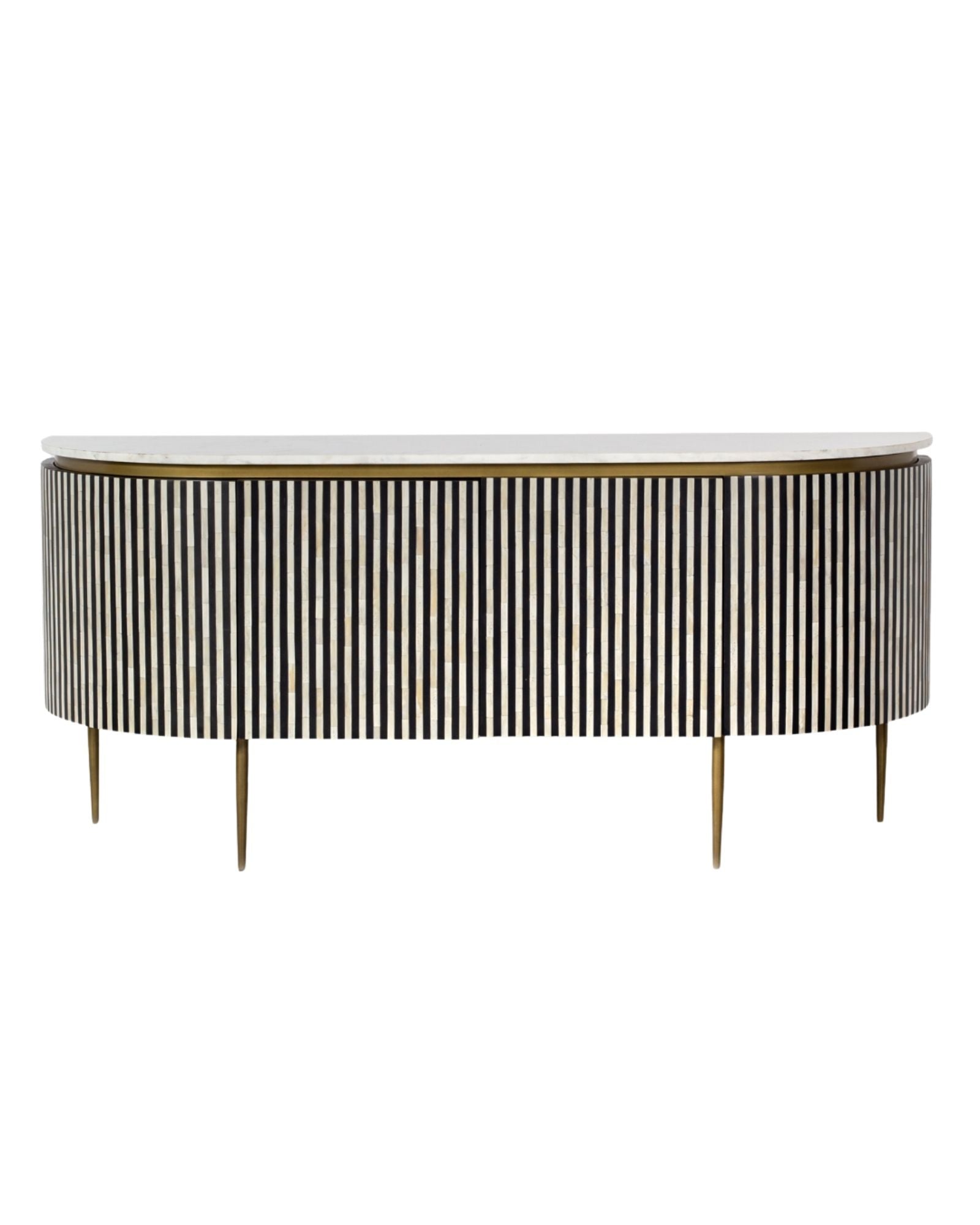 Black bone inlay sideboard with white marble top and brass legs, handcrafted with vertical striping and curved silhouette, luxury interior furniture.
