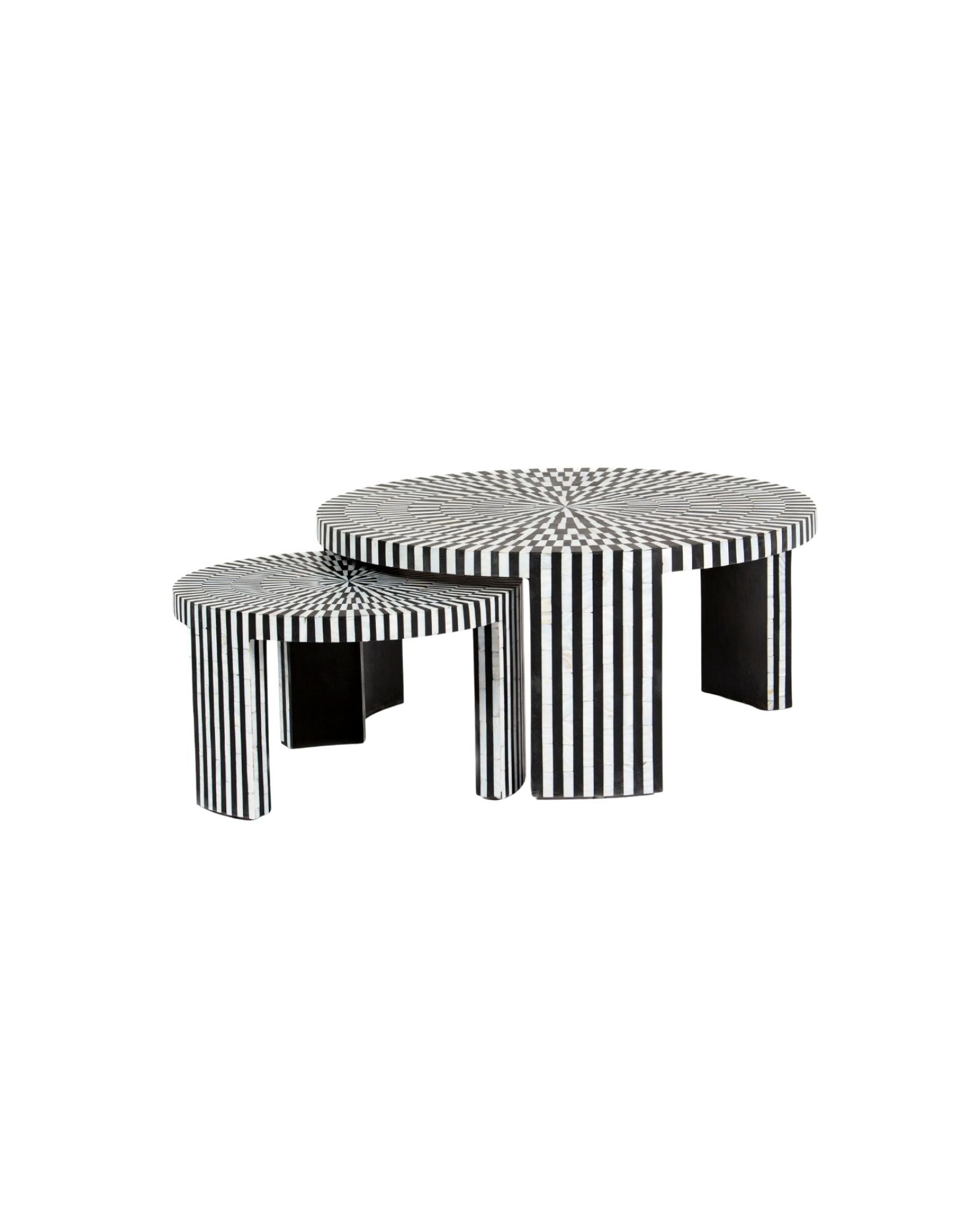 Black and white geometric mother of pearl inlay coffee table with radial top and striped base, handcrafted by Tabeer Homes.