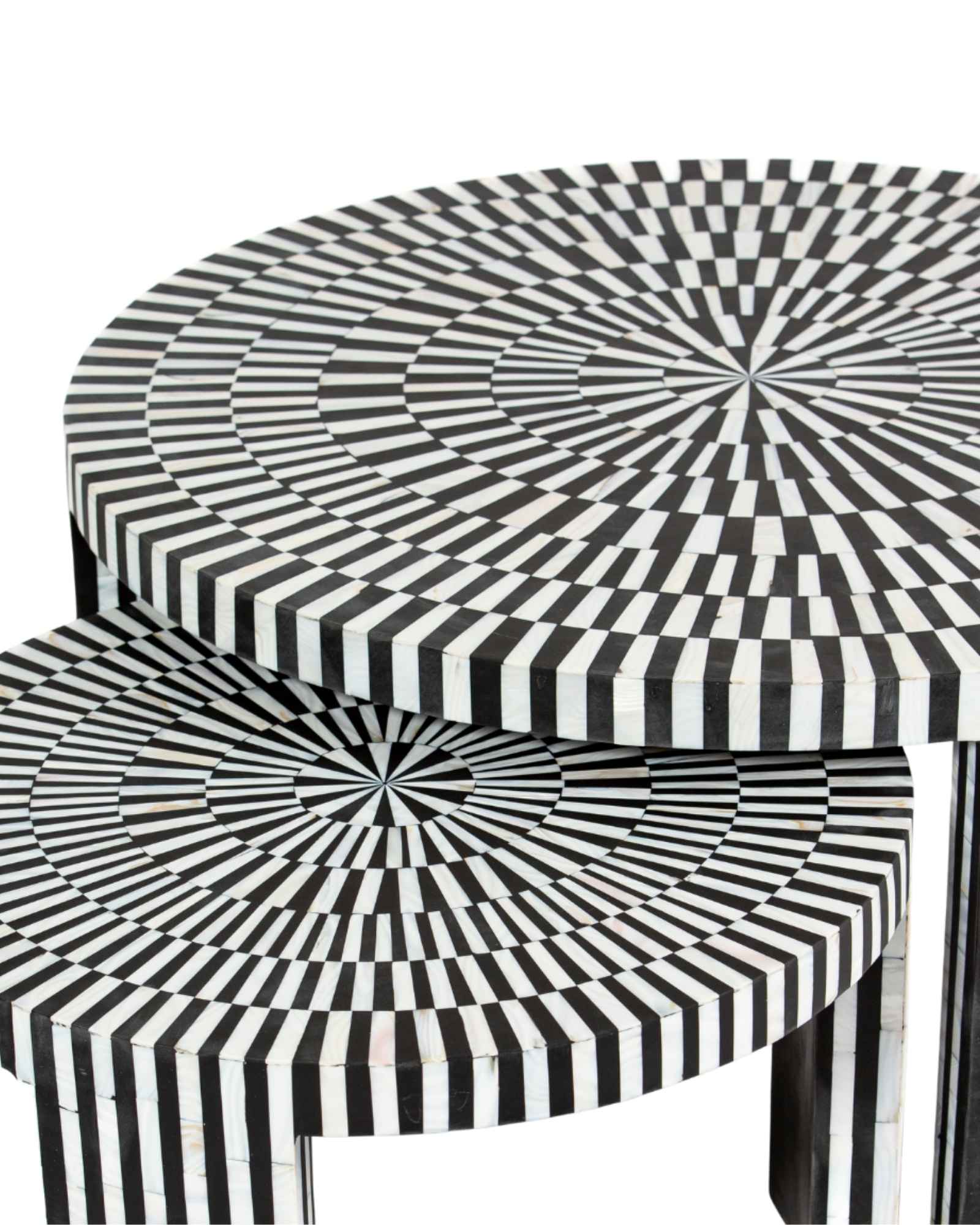 Black and white geometric mother of pearl inlay coffee table with radial top and striped base, handcrafted by Tabeer Homes.