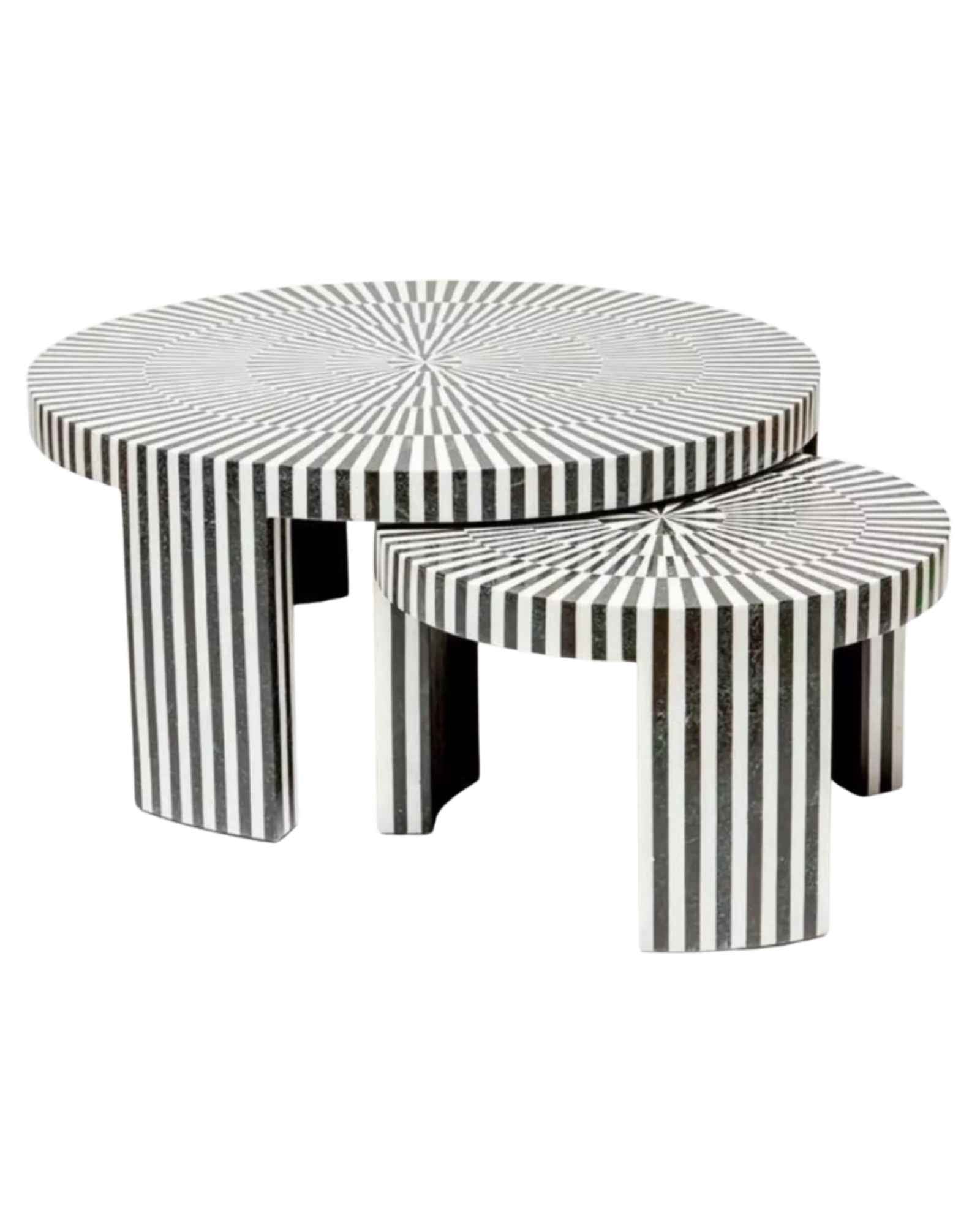 Black and white geometric mother of pearl inlay coffee table with radial top and striped base, handcrafted by Tabeer Homes.