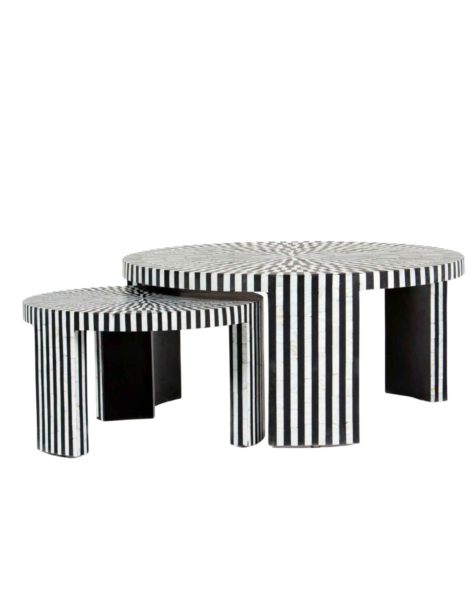 Black and white geometric mother of pearl inlay coffee table with radial top and striped base, handcrafted by Tabeer Homes.