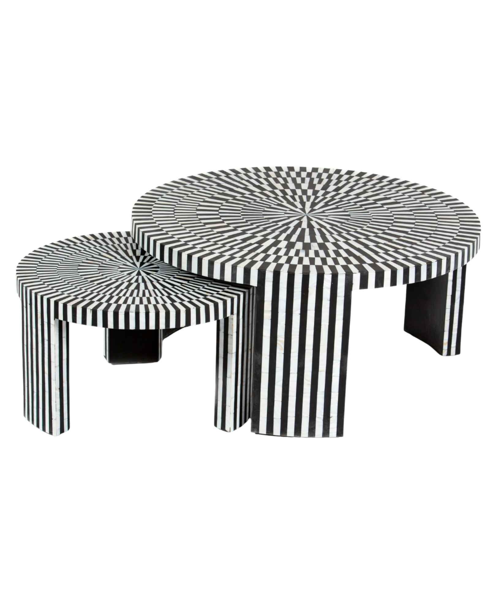 Black and white geometric mother of pearl inlay coffee table with radial top and striped base, handcrafted by Tabeer Homes.