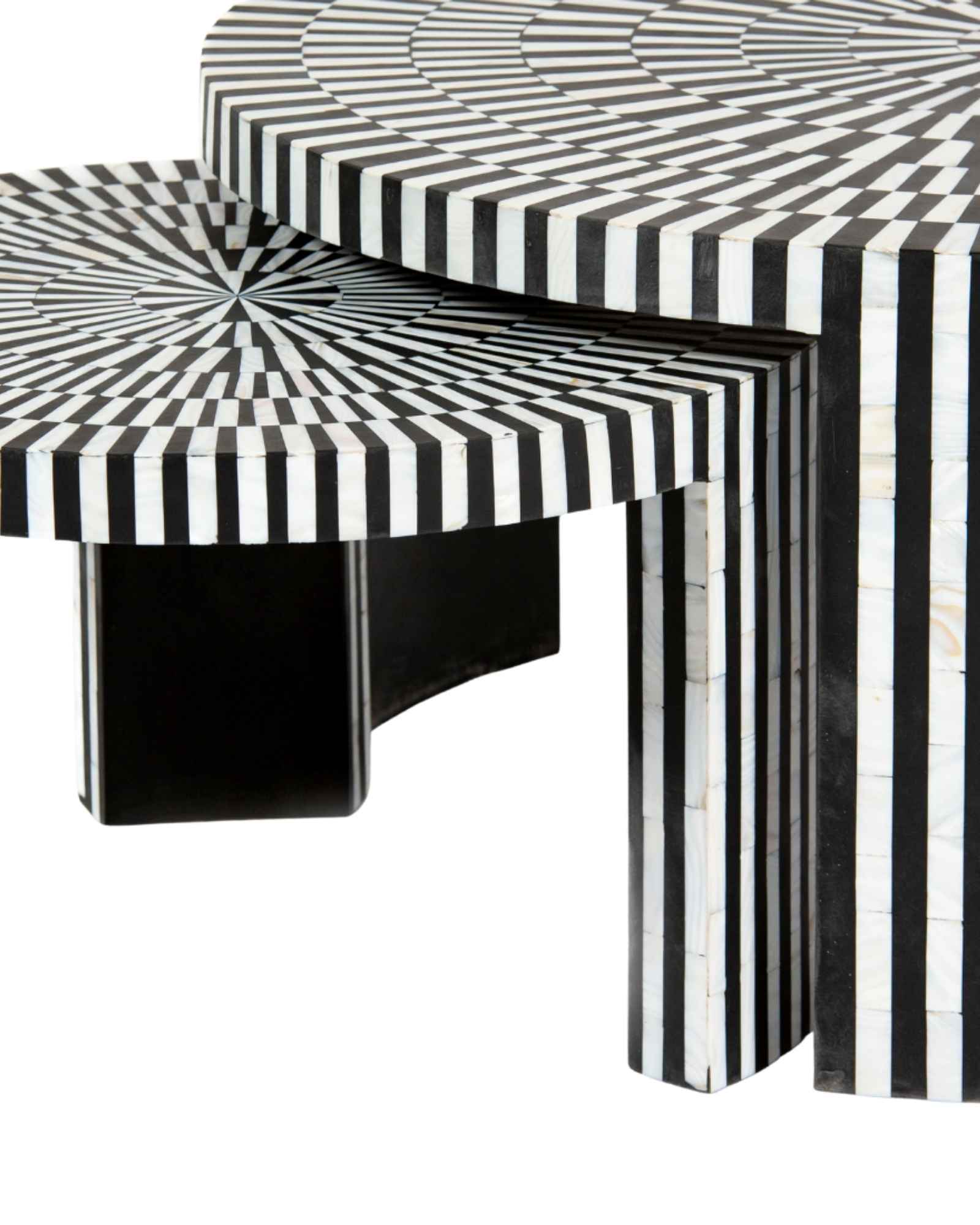 Black and white geometric mother of pearl inlay coffee table with radial top and striped base, handcrafted by Tabeer Homes.