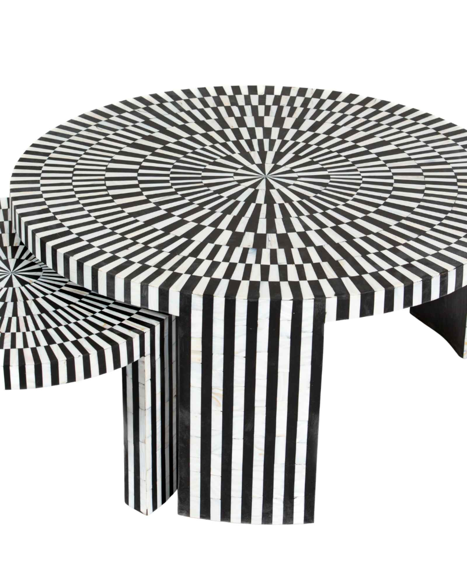Black and white geometric mother of pearl inlay coffee table with radial top and striped base, handcrafted by Tabeer Homes.