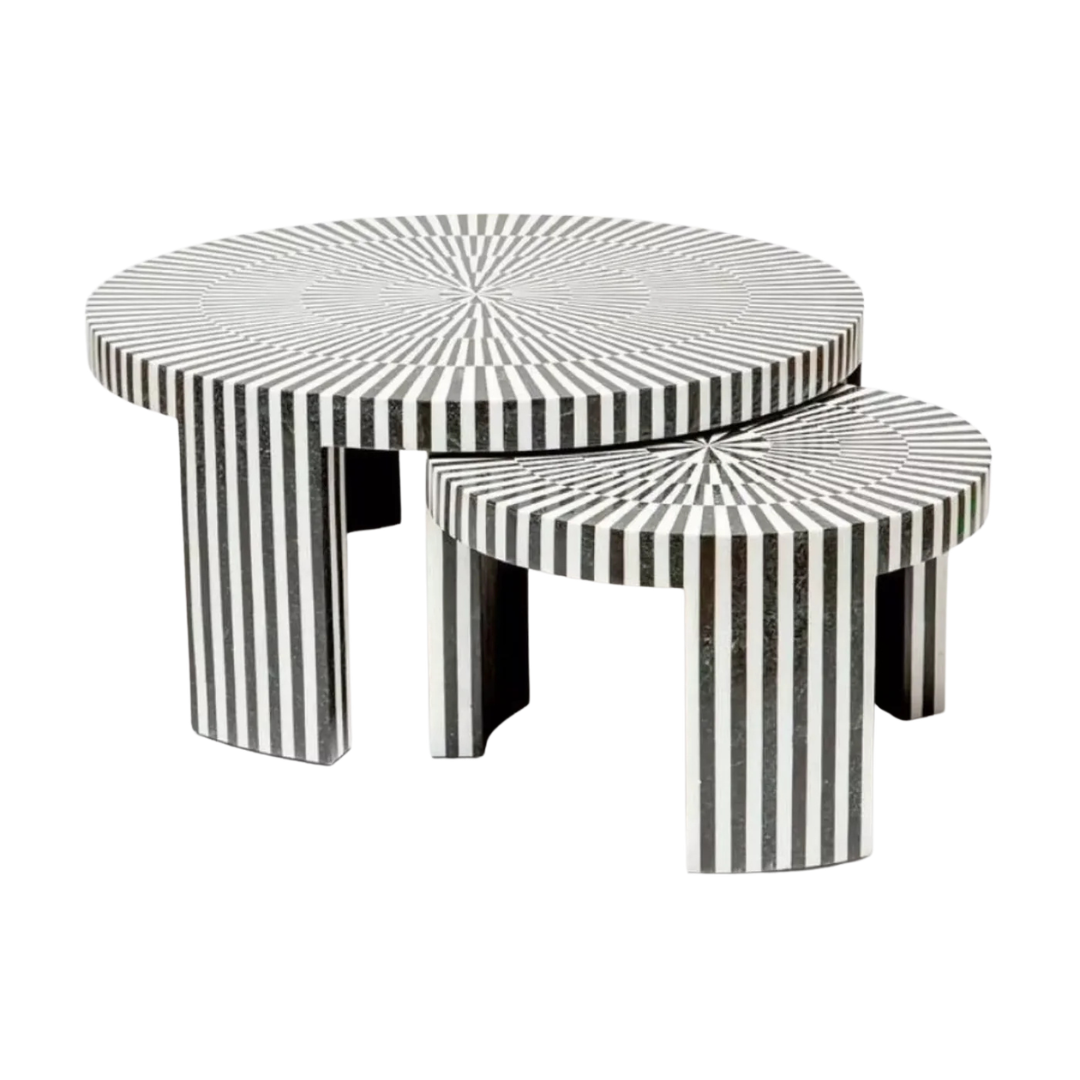 Discover the Saphed Nesting Coffee Table, handcrafted in black and white bone inlay. A striking sunburst design perfect for modern and luxury interiors.