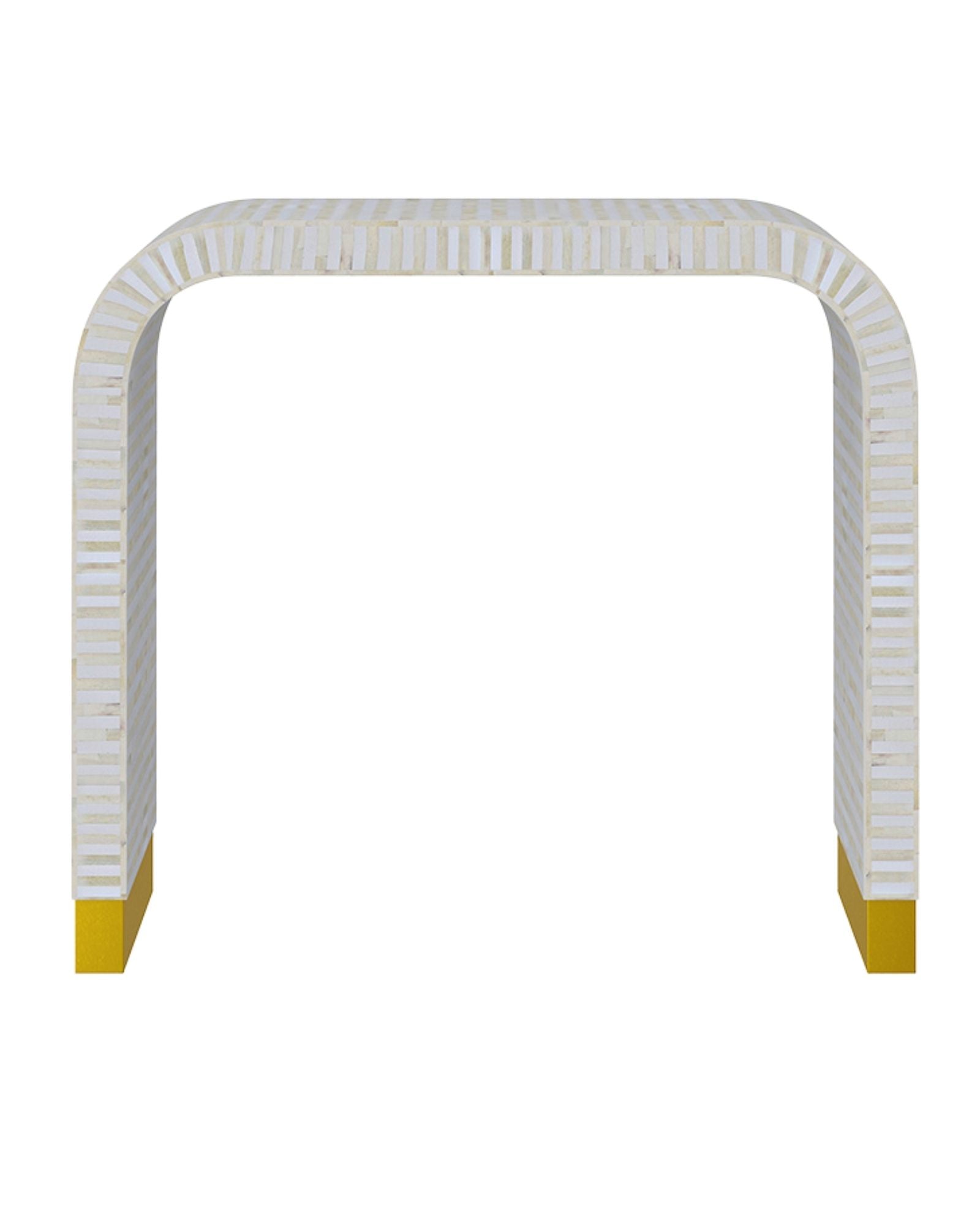 Elegant white bone inlay console with intricate detailing and a modern curved silhouette.