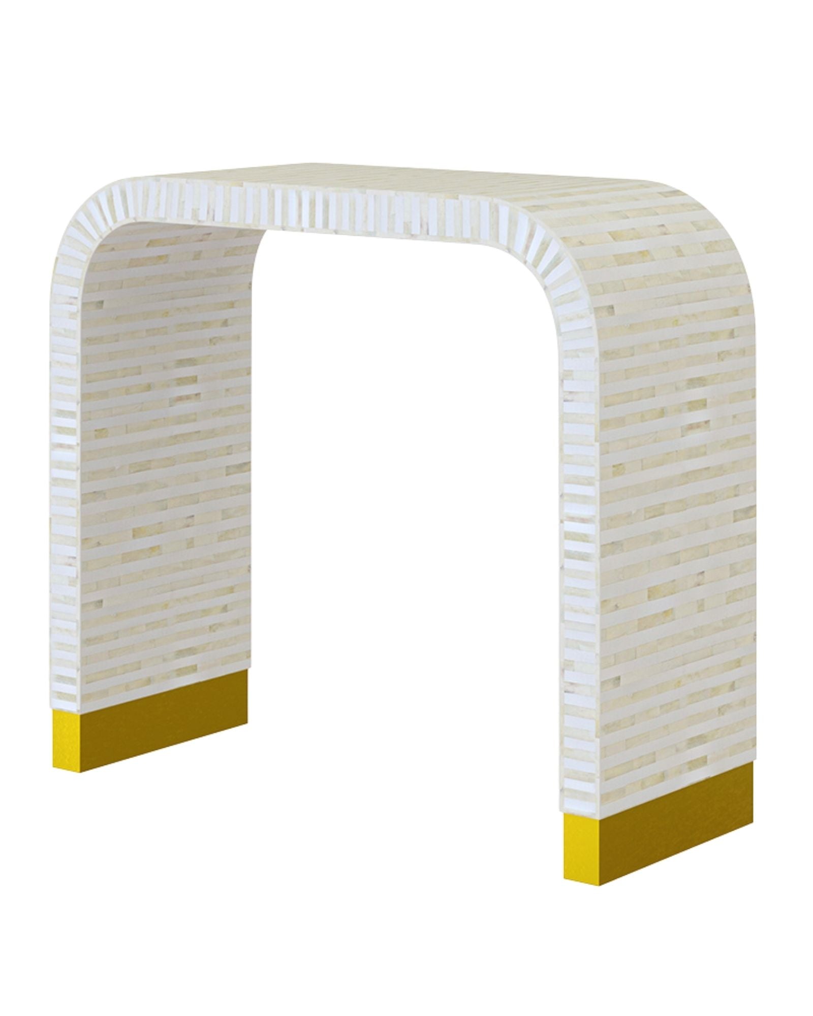 Elegant white bone inlay console with intricate detailing and a modern curved silhouette.