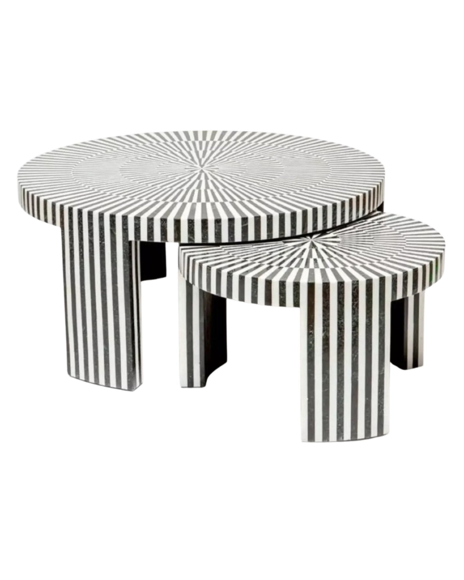 Discover the Saphed Nesting Coffee Table, handcrafted in black and white bone inlay. A striking sunburst design perfect for modern and luxury interiors.
