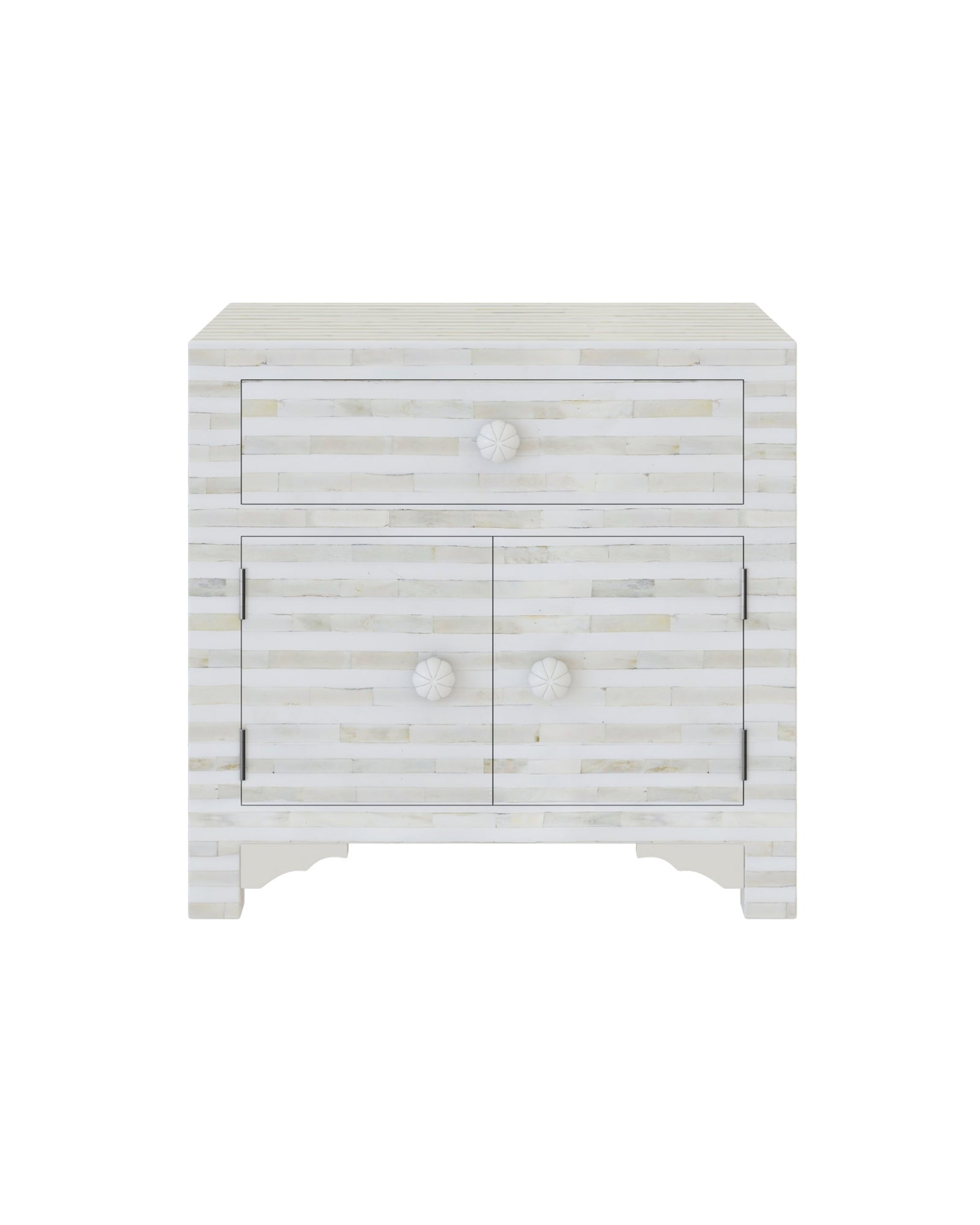 The Saphed Side Drawer features white bone inlay with cabinet doors and a drawer. A graceful accent for luxury interiors.
