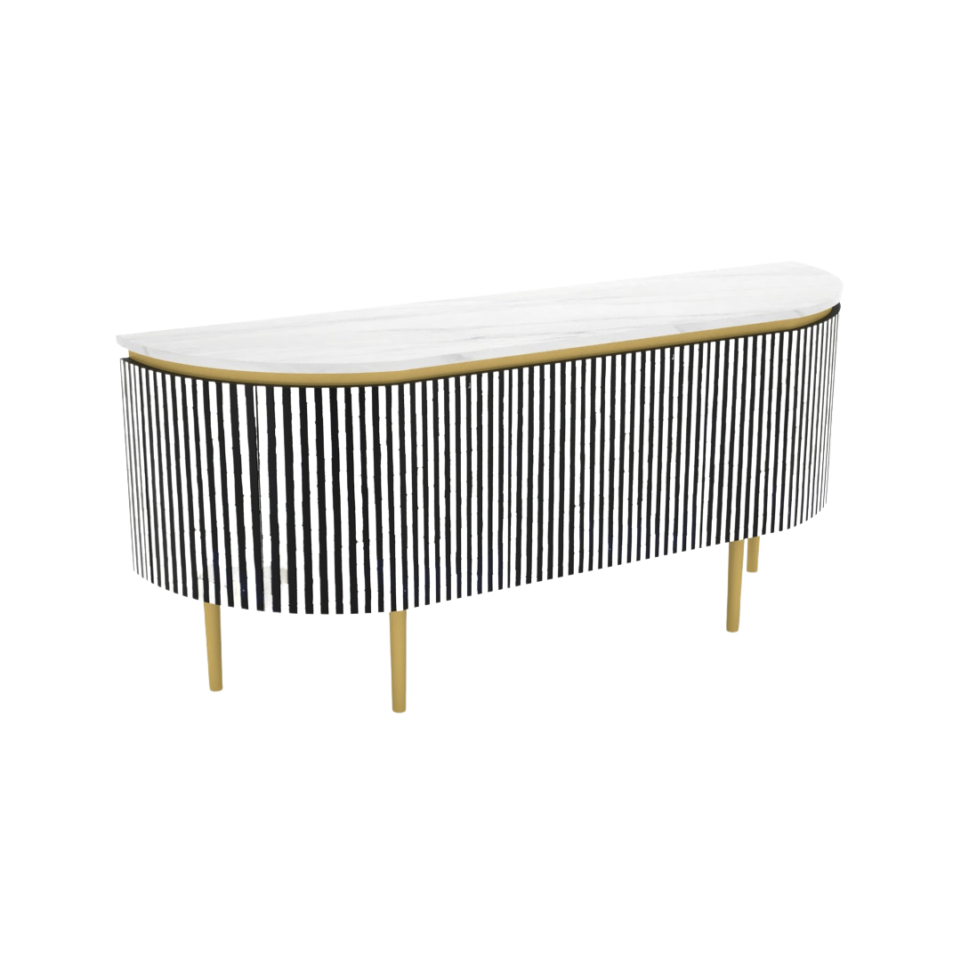 Black bone inlay sideboard with white marble top and brass legs, handcrafted with vertical striping and curved silhouette, luxury interior furniture.
