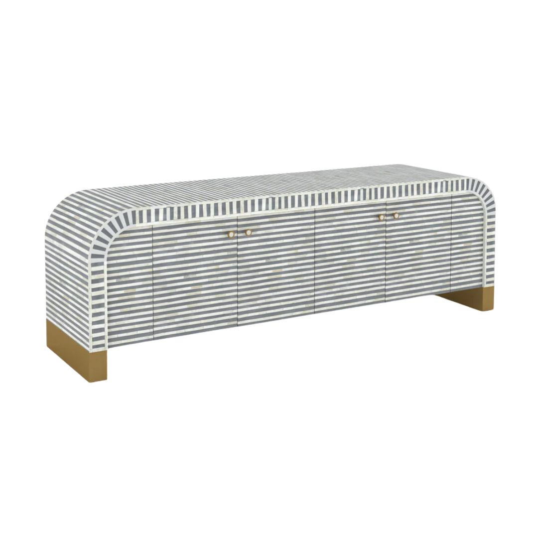Handcrafted grey TV Unit with intricate Bone inlay, featuring a striped pattern and sleek Metal legs. A luxurious storage solution for any space.