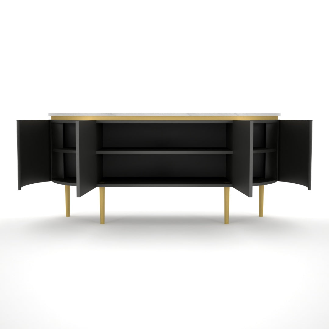 Black bone inlay sideboard with white marble top and brass legs, handcrafted with vertical striping and curved silhouette, luxury interior furniture.