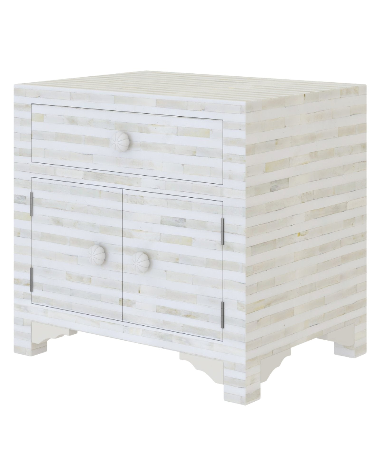 The Saphed Side Drawer features white bone inlay with cabinet doors and a drawer. A graceful accent for luxury interiors.
