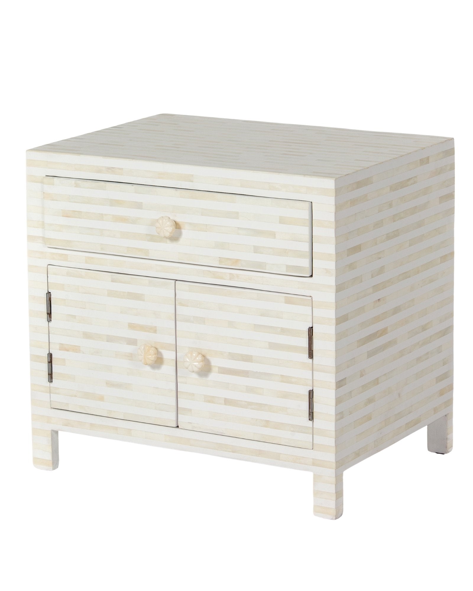 The Saphed Side Drawer features white bone inlay with cabinet doors and a drawer. A graceful accent for luxury interiors.
