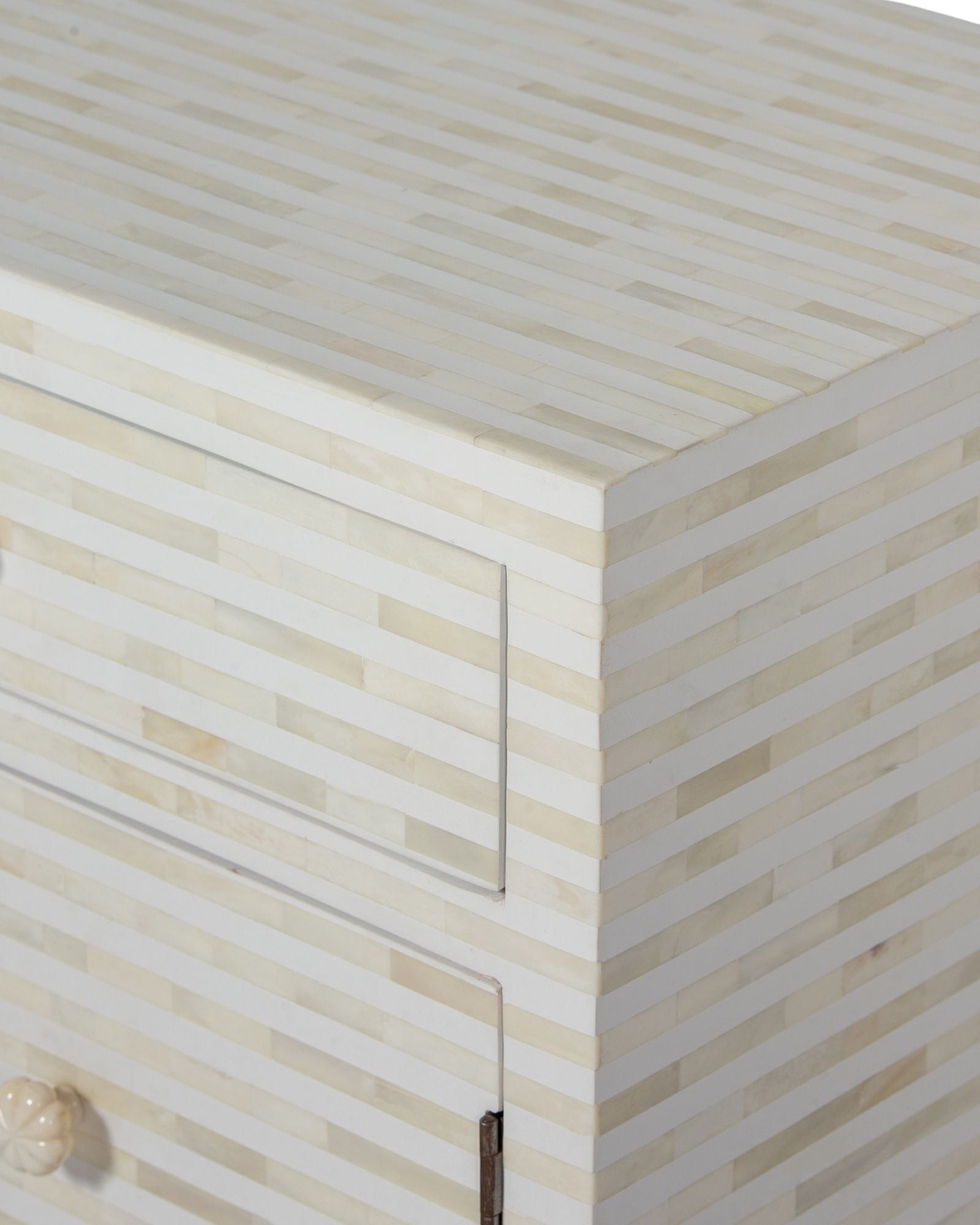 The Saphed Side Drawer features white bone inlay with cabinet doors and a drawer. A graceful accent for luxury interiors.
