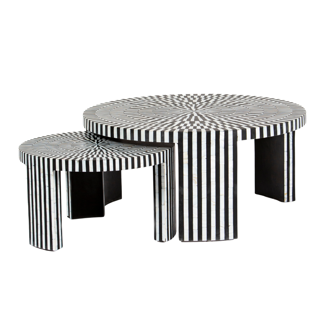 Black and white geometric mother of pearl inlay coffee table with radial top and striped base, handcrafted by Tabeer Homes.